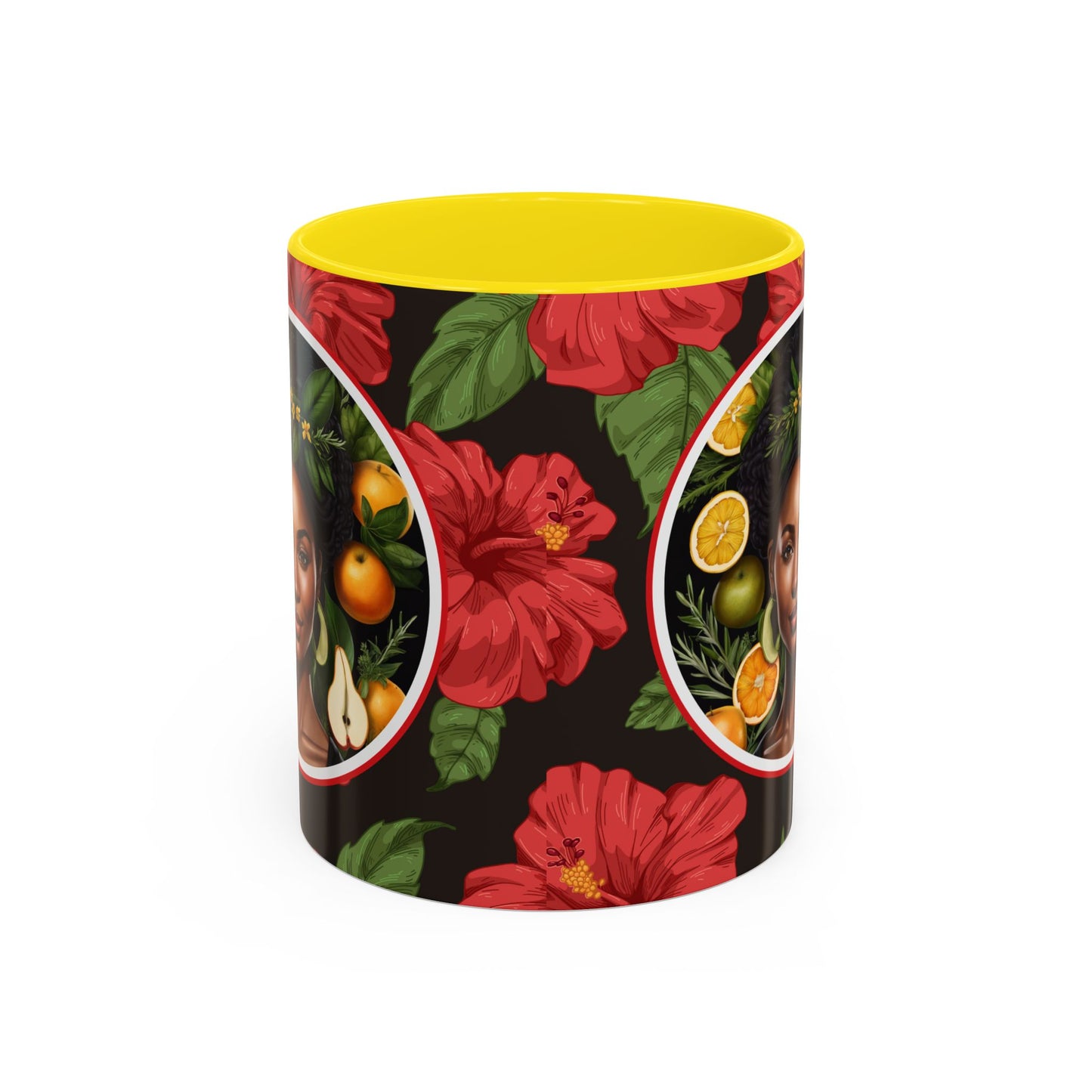 Organically Me Red and White Hibiscus Plant Garden Vegan Ceramic Plant Mug with Black woman (11oz) 8 Color Combos