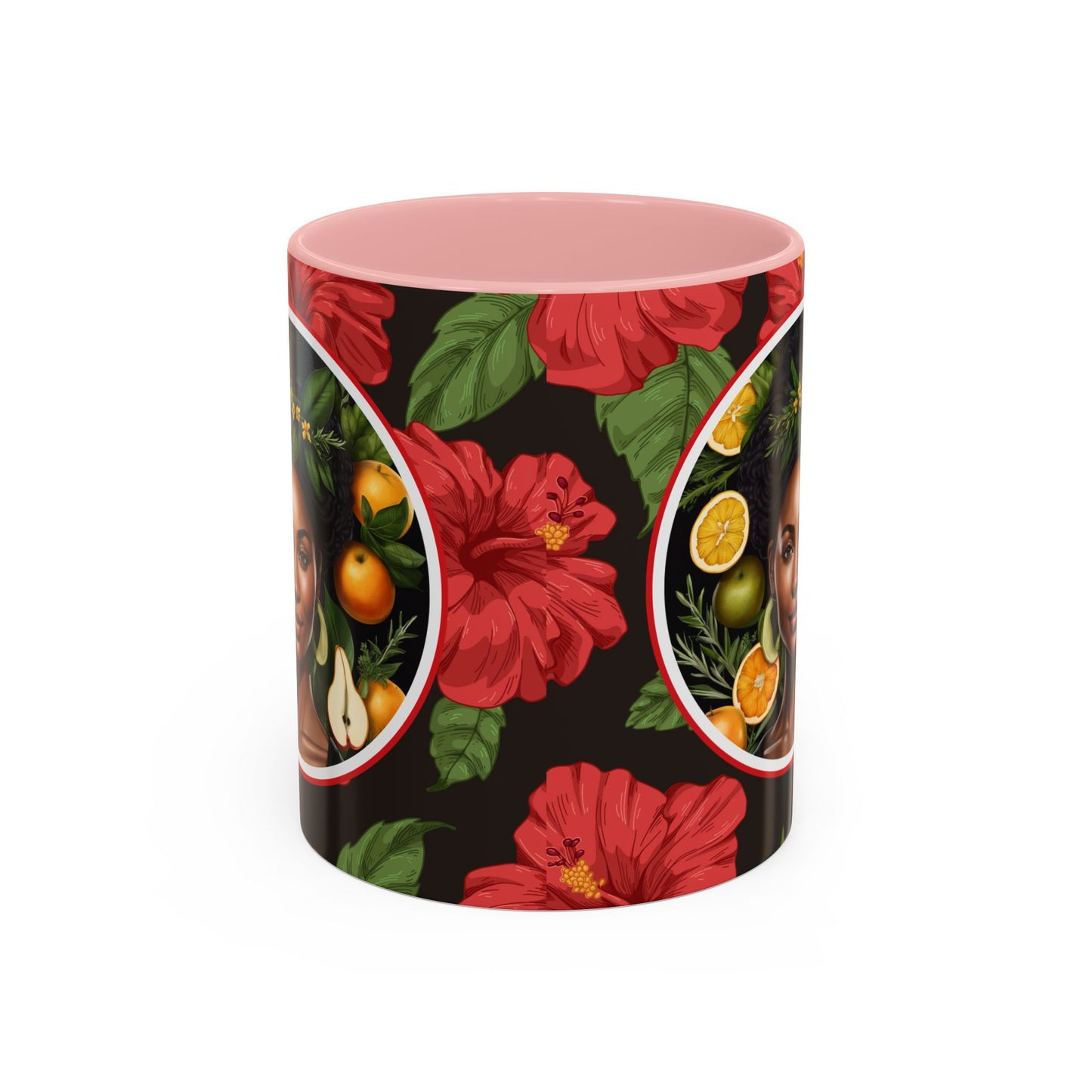 Organically Me Red and White Hibiscus Plant Garden Vegan Ceramic Plant Mug with Black woman (11oz) 8 Color Combos