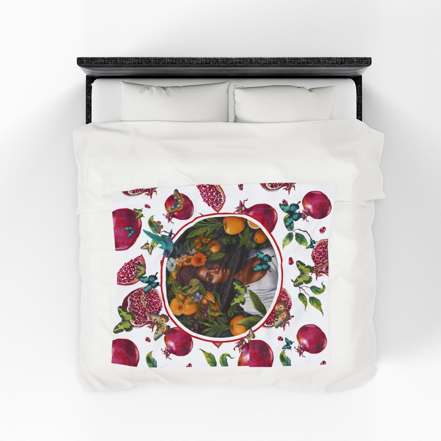 Organically Me Red and White Pomegranate Plant Garden Blanket, Wall Hanging, Tablecloth (Velveteen) with Black Woman; 50 x 60in
