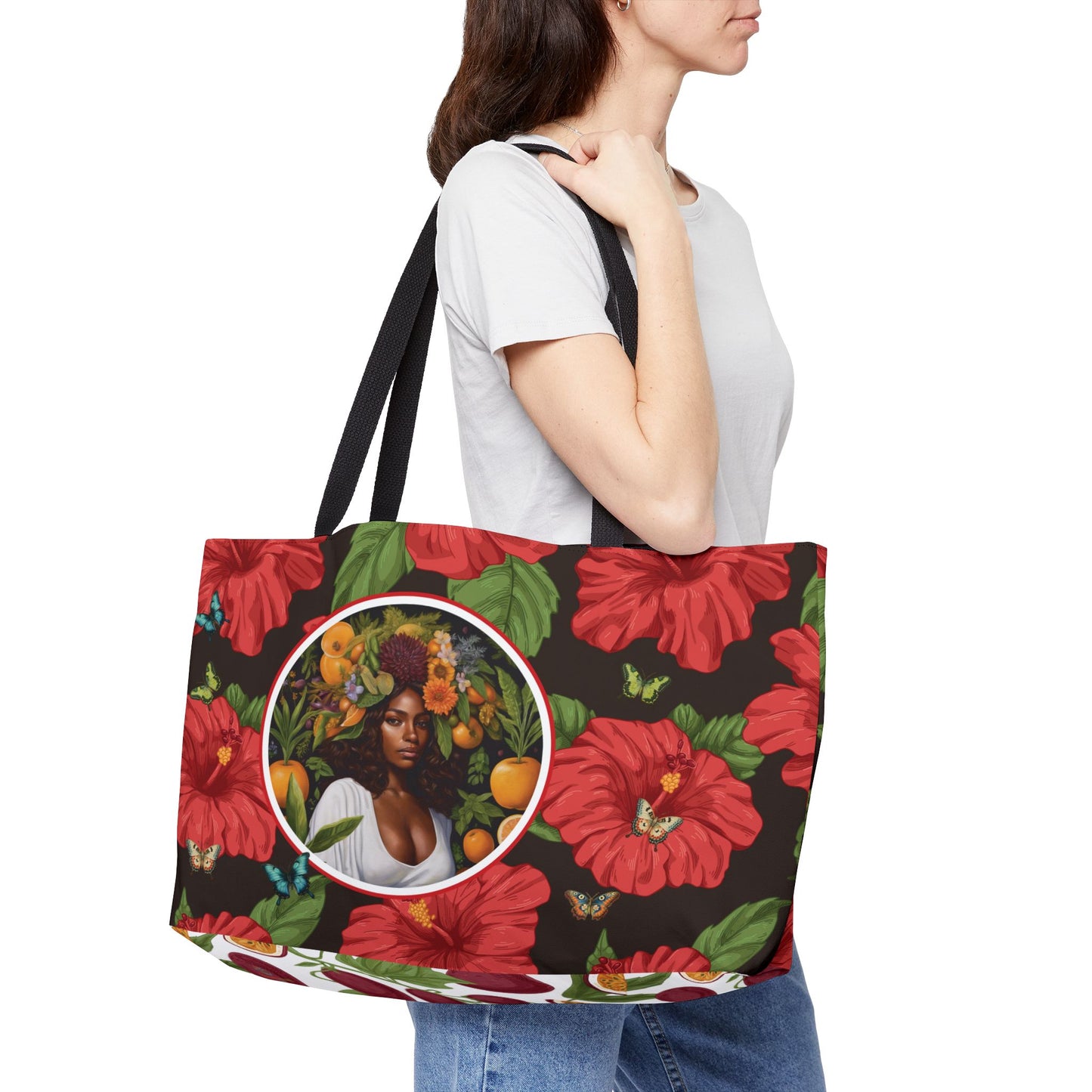 Organically Me Red & White Hibiscus Plant Garden-themed Weekender Tote Bag, workout bag, yoga bag with Black Women