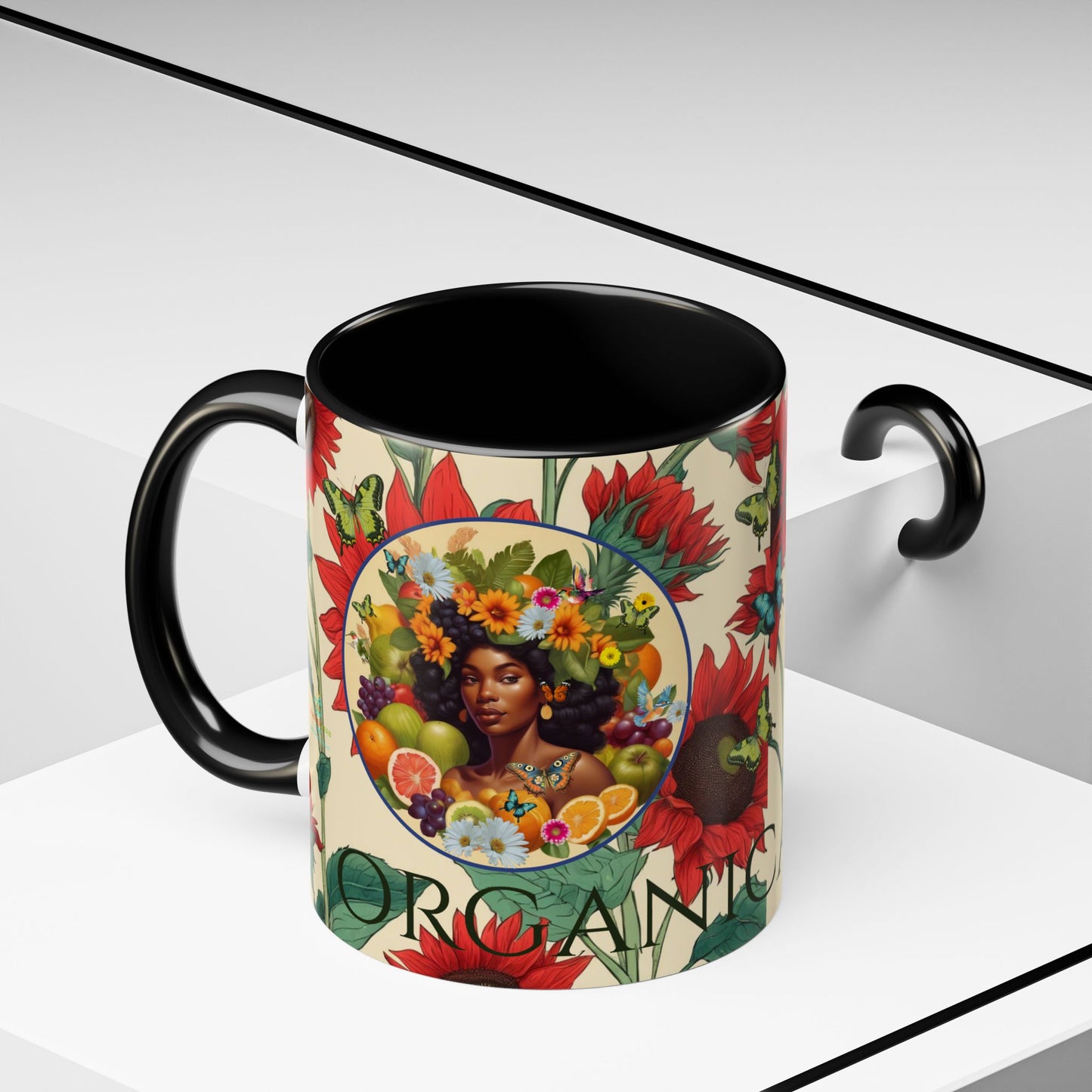Organically Me Sunflower Red Plant Garden Vegan Ceramic Plant Mug with Black woman (11oz) 8 Color Combos