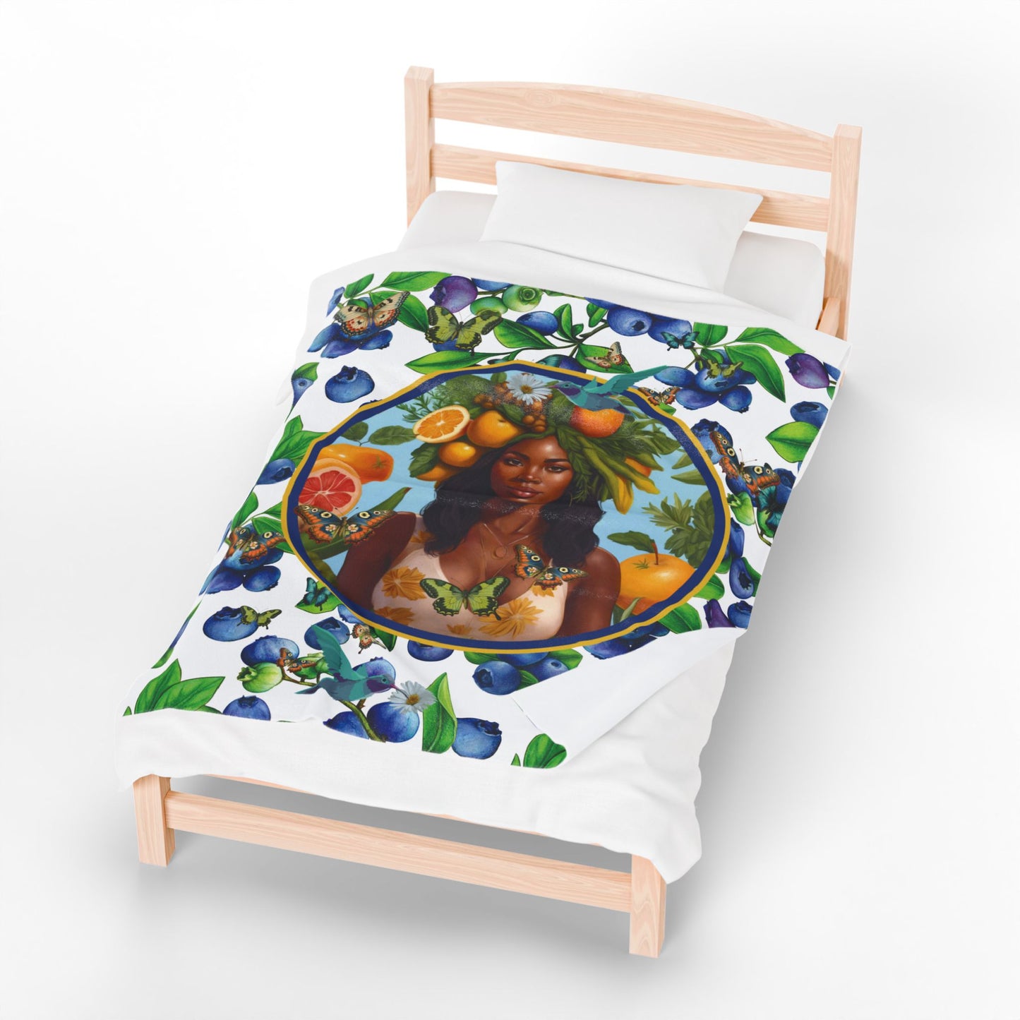 Organically Me Blueberry Plant B Garden Blanket, Wall Hanging, Tablecloth (Velveteen) with Black Woman; 50 x 60in