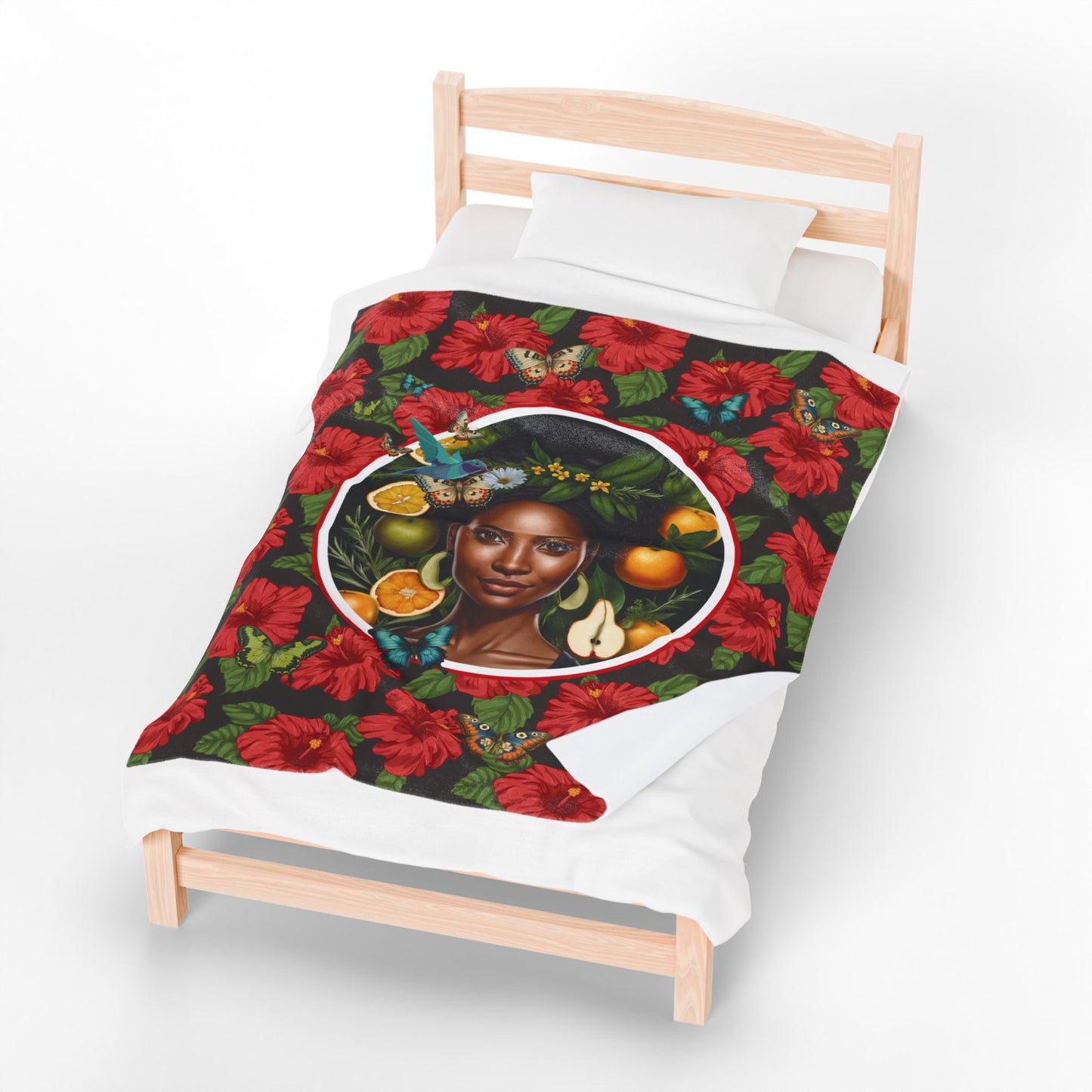 Organically Me Red and White Plant Garden Blanket, Wall Hanging, Tablecloth (Velveteen) with Black Woman; 50 x 60in