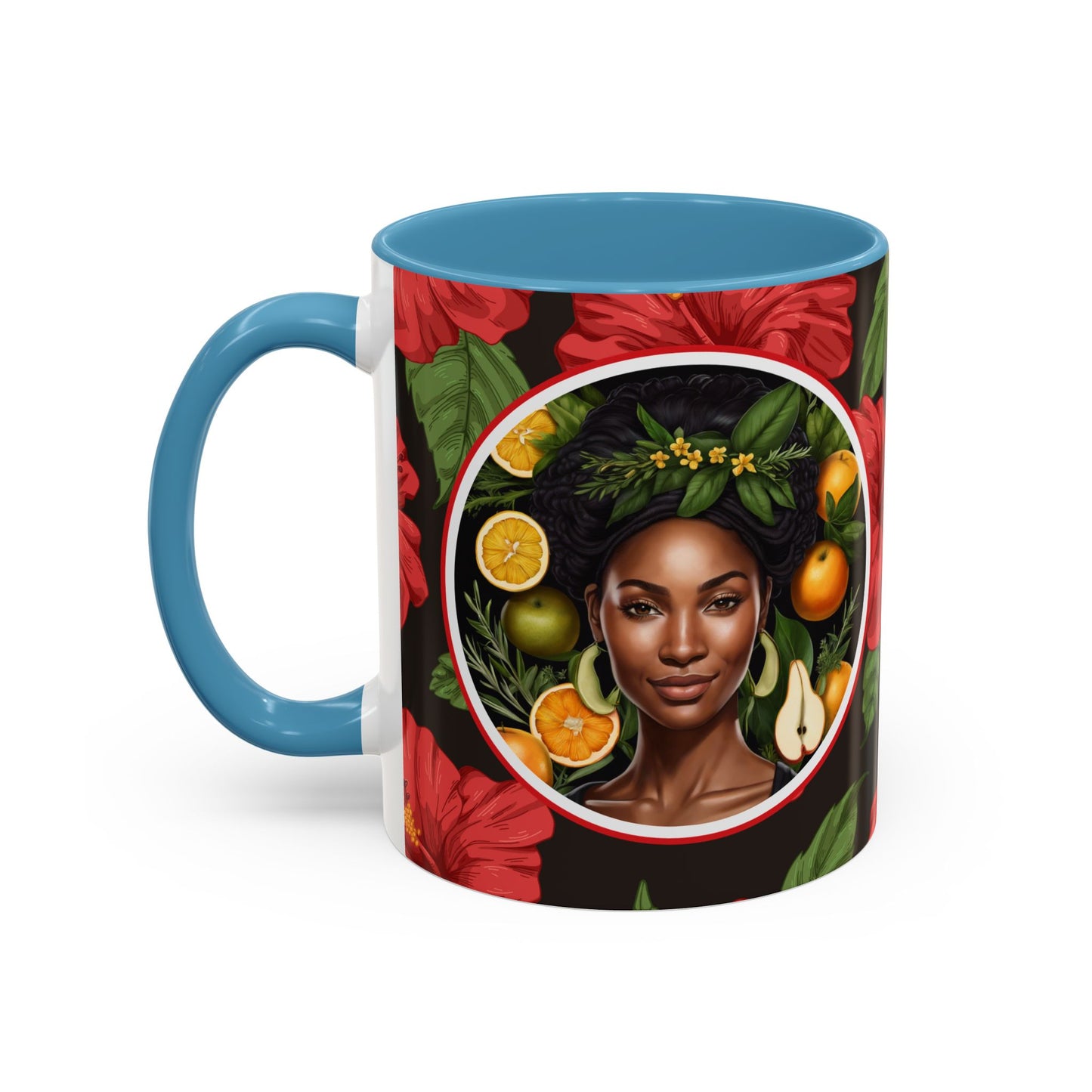 Organically Me Red and White Hibiscus Plant Garden Vegan Ceramic Plant Mug with Black woman (11oz) 8 Color Combos