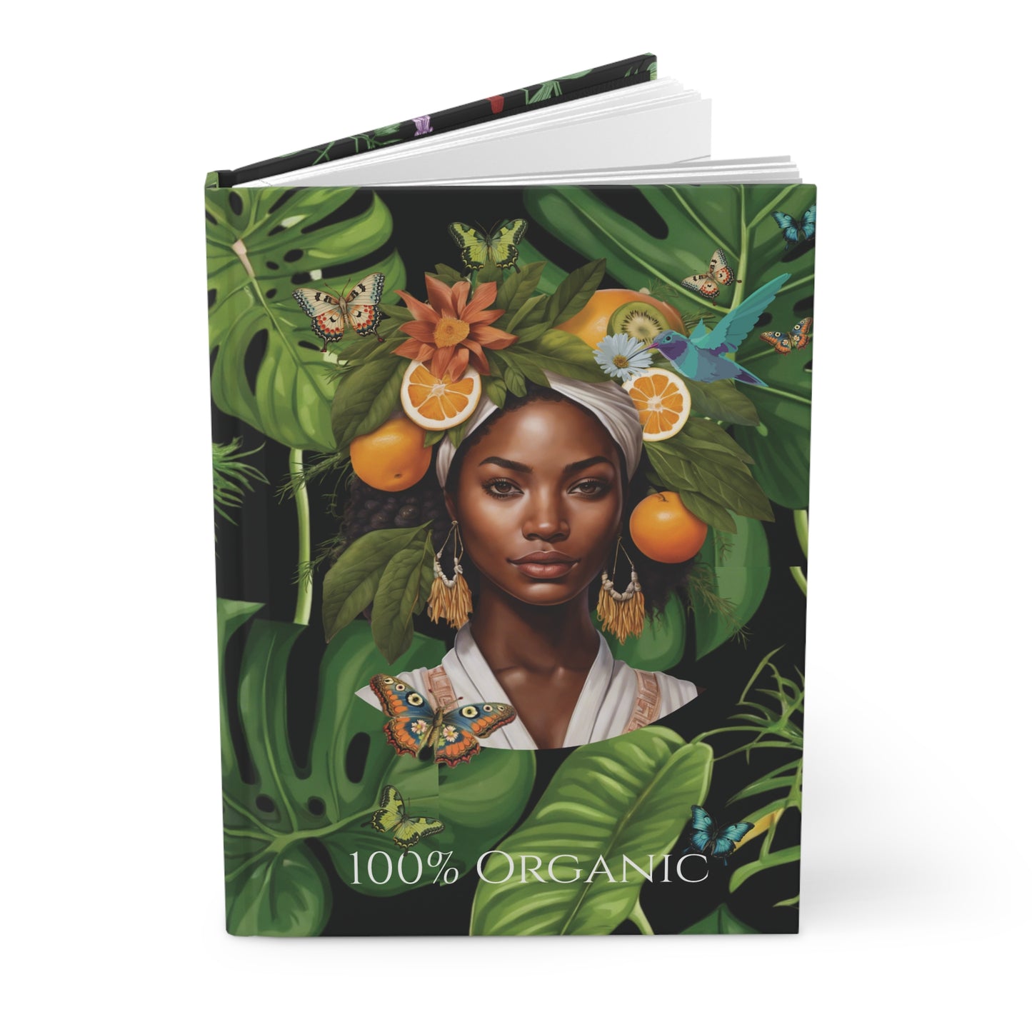 100% Organic Black Jungle Plant Garden & Vegan Hardcover Journal, Matte 150 pages, Black women Double-Sided Design