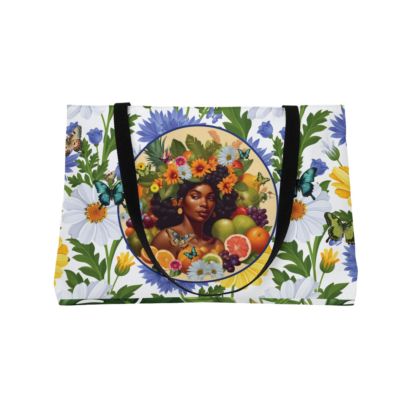 Organically Me Blue & Yellow Plant Garden-themed Weekender Tote Bag, workout bag, yoga bag with Black Women