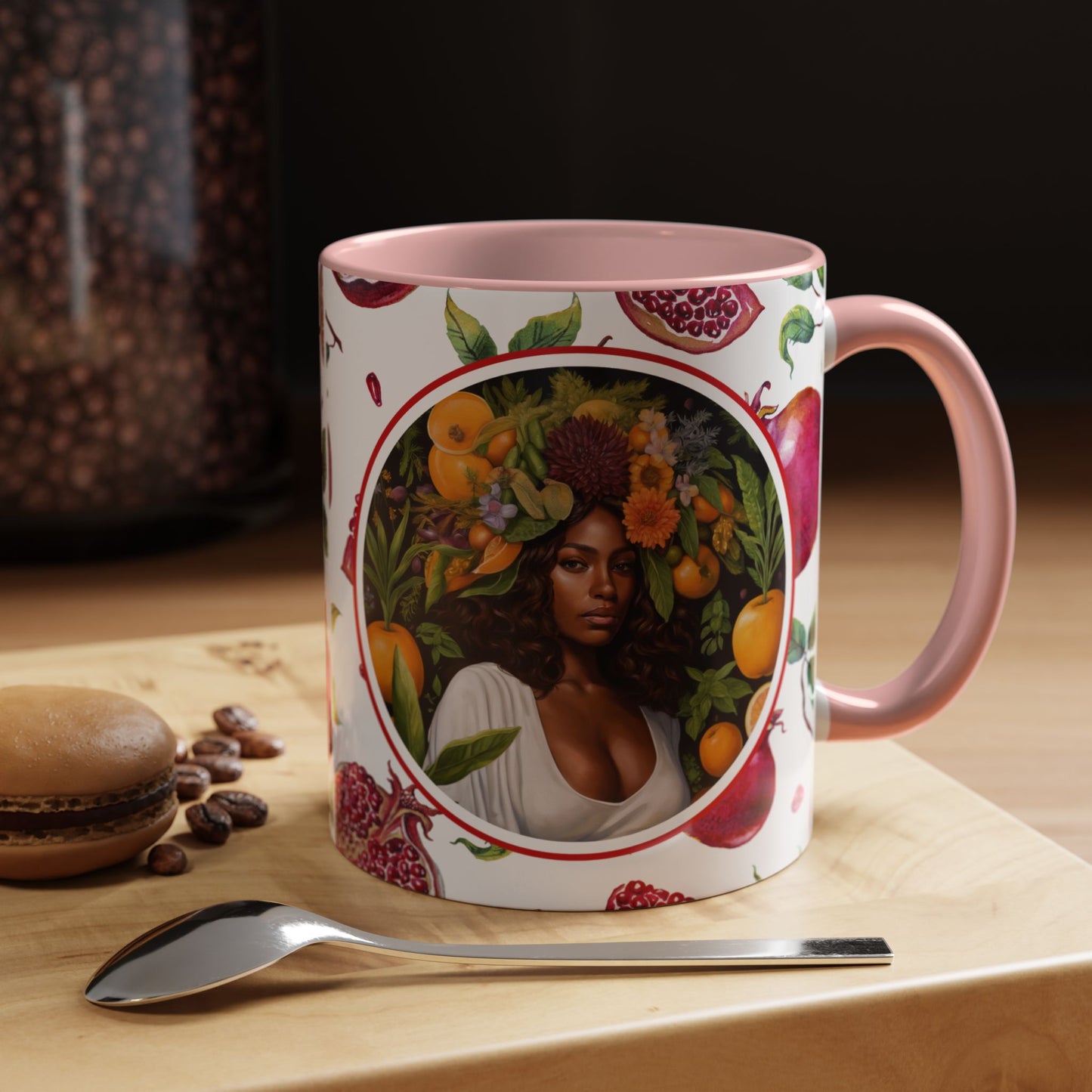Organically Me Red and White Regina Pomegranate Plant Garden Vegan Ceramic Plant Mug with Black woman (11oz) 8 Color Combos