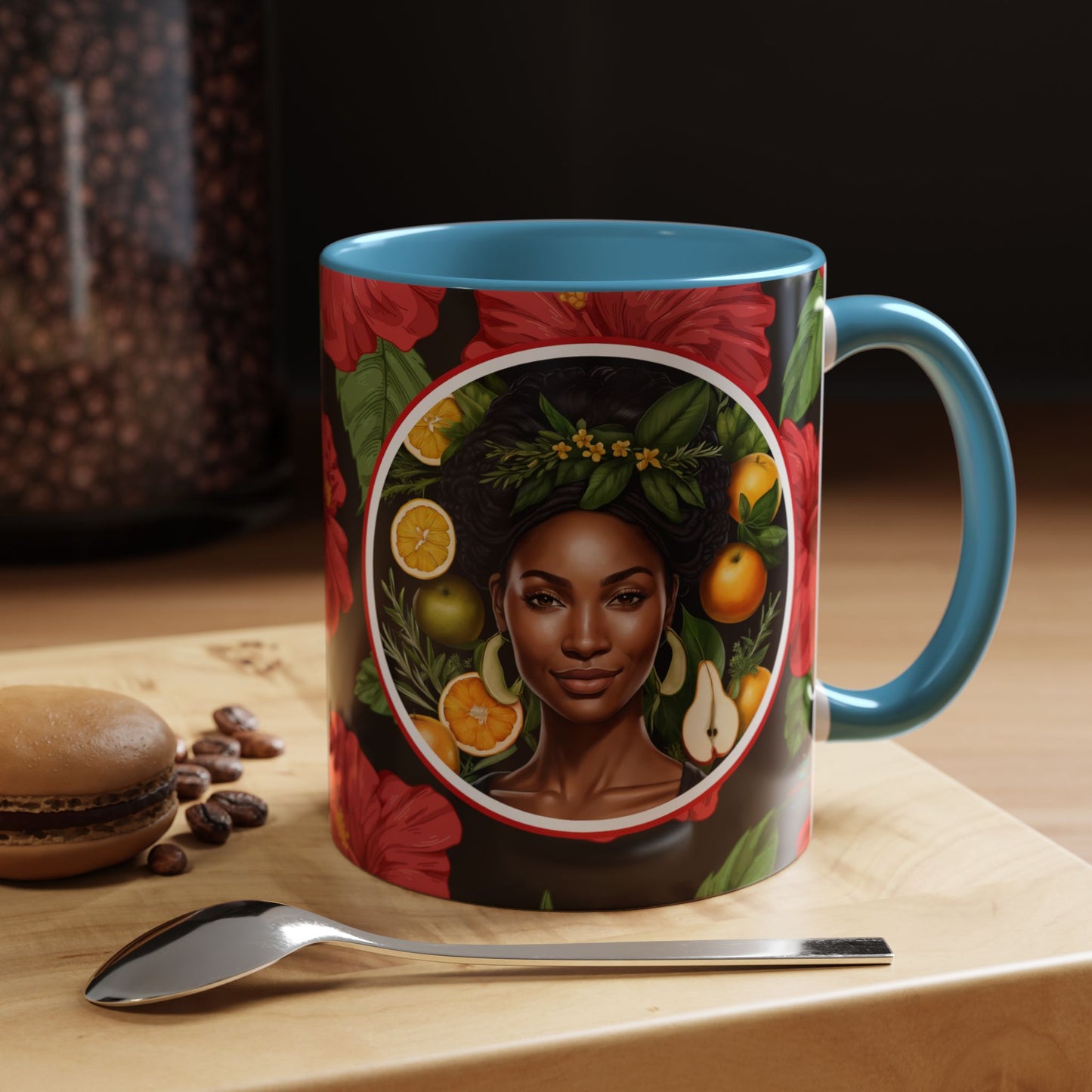 Organically Me Red and White Hibiscus Plant Garden Vegan Ceramic Plant Mug with Black woman (11oz) 8 Color Combos