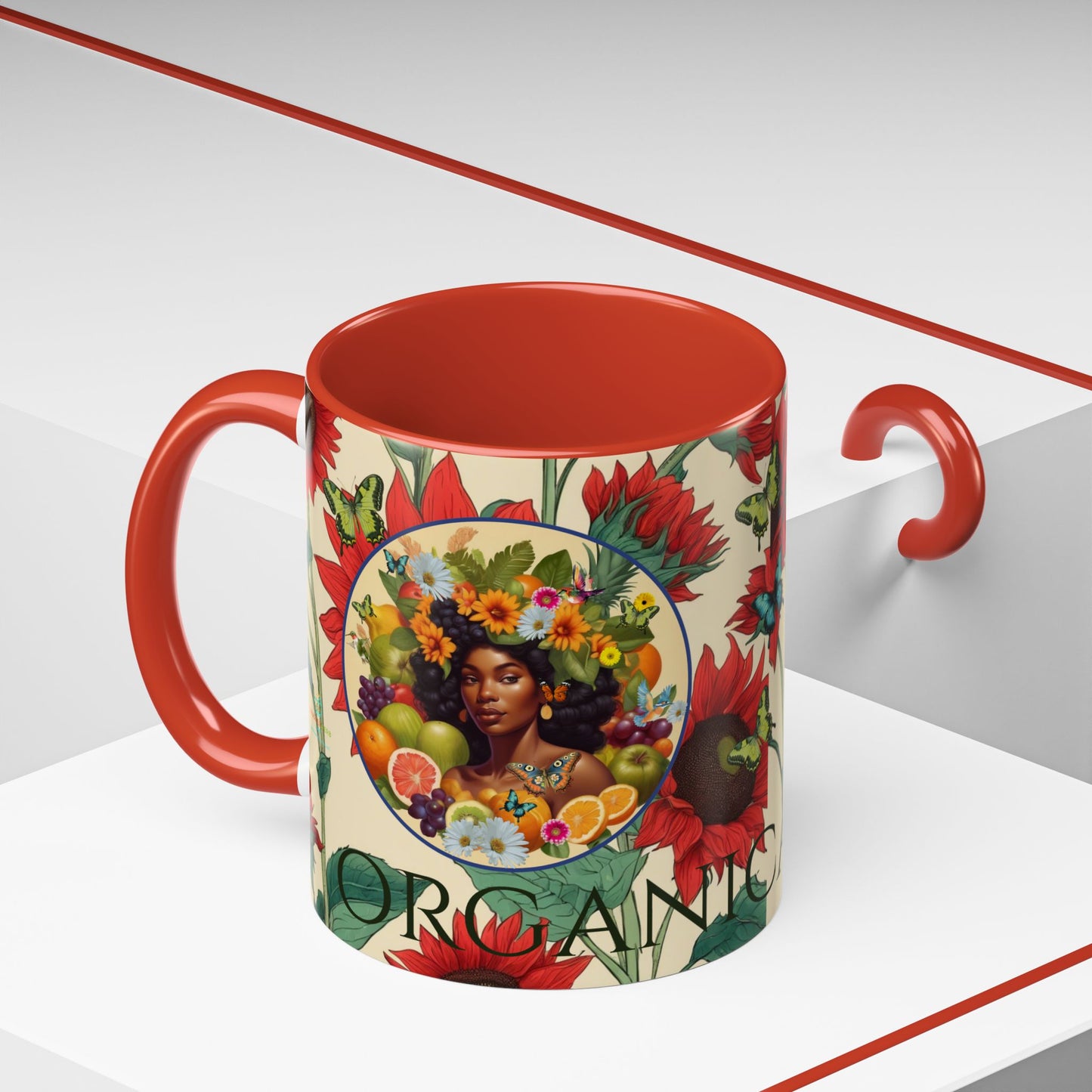 Organically Me Sunflower Red Plant Garden Vegan Ceramic Plant Mug with Black woman (11oz) 8 Color Combos