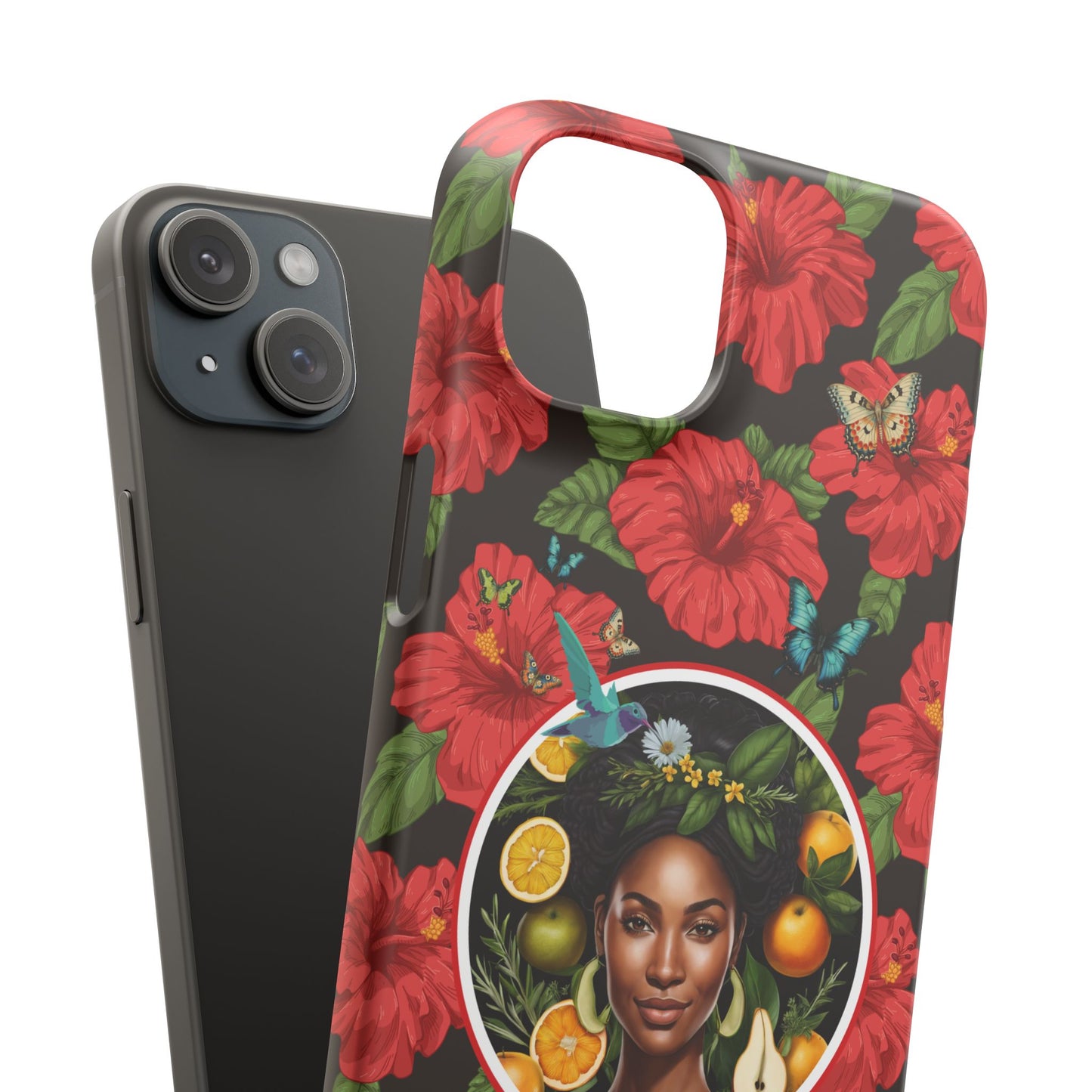 Organically Me Red and White Hibiscus Plant Garden Snap Phone Case with Black Woman, for iPhone and Android