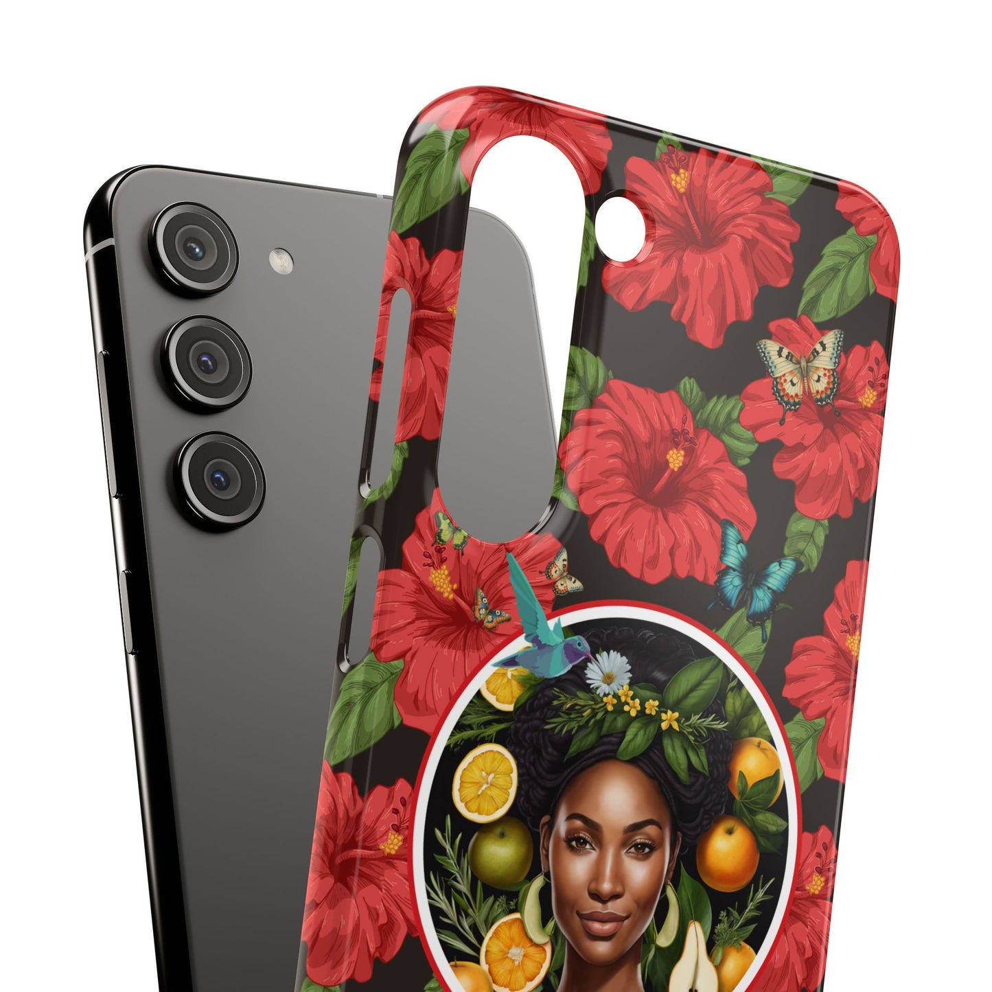 Organically Me Red and White Hibiscus Plant Garden Snap Phone Case with Black Woman, for iPhone and Android