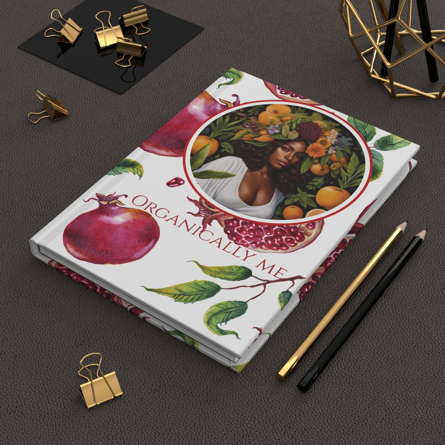 Organically Me Red and White Pomegranate Plant, Garden & Vegan Hardcover Journal, Matte 150 pages, Black women, May be PERSONALIZED