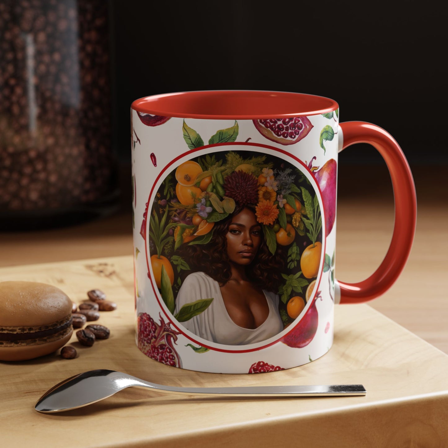 Organically Me Red and White Regina Pomegranate Plant Garden Vegan Ceramic Plant Mug with Black woman (11oz) 8 Color Combos