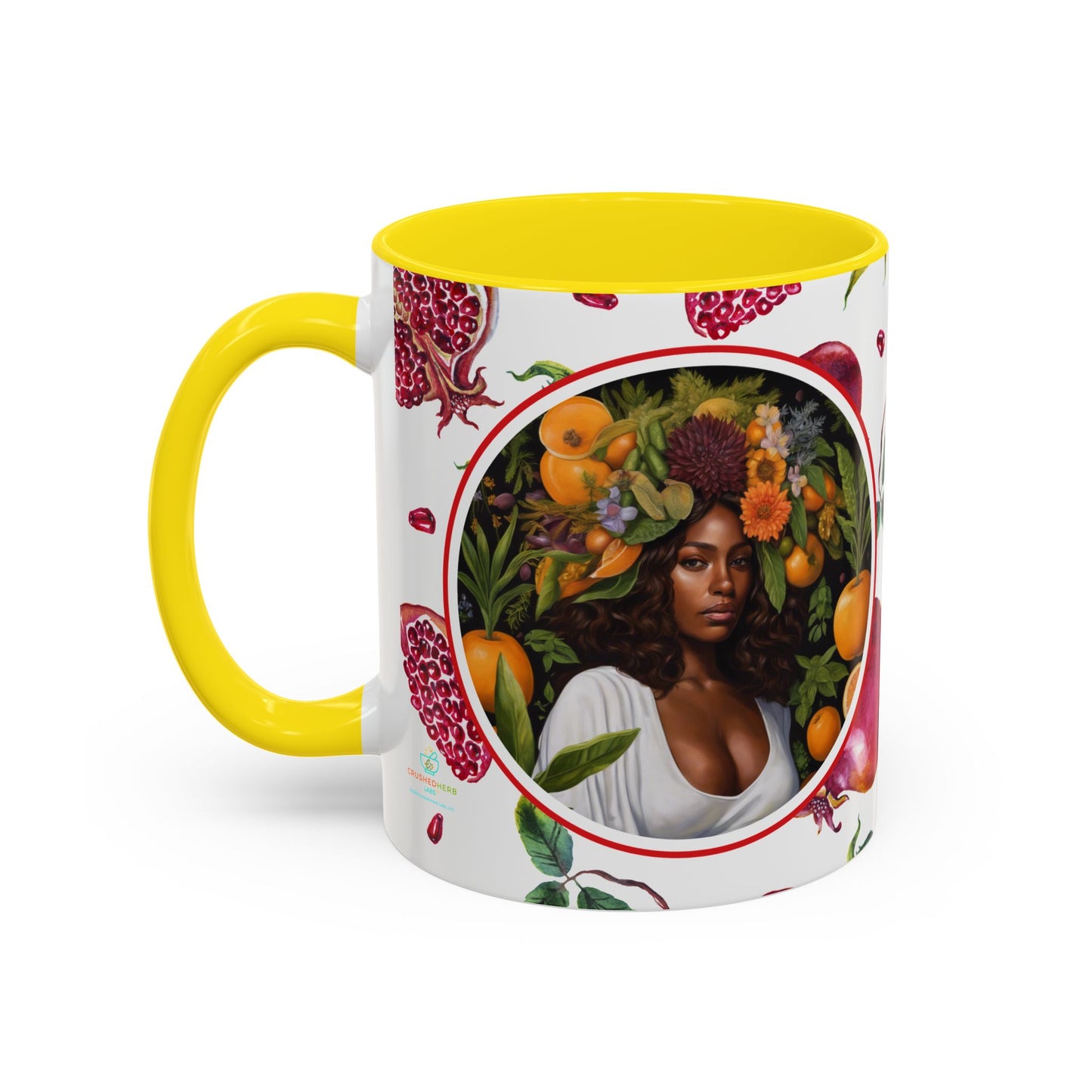 Organically Me Red and White Regina Pomegranate Plant Garden Vegan Ceramic Plant Mug with Black woman (11oz) 8 Color Combos