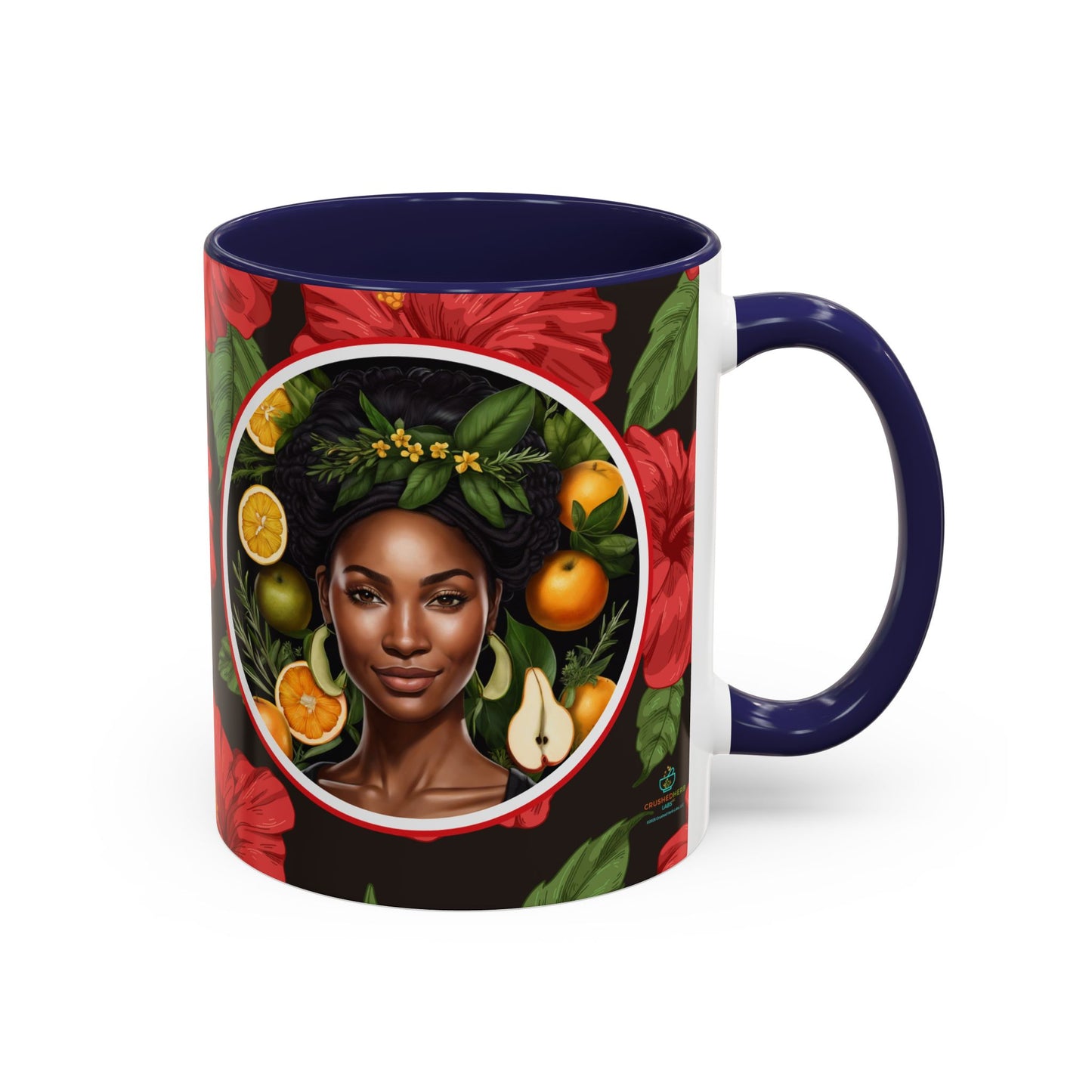 Organically Me Red and White Hibiscus Plant Garden Vegan Ceramic Plant Mug with Black woman (11oz) 8 Color Combos