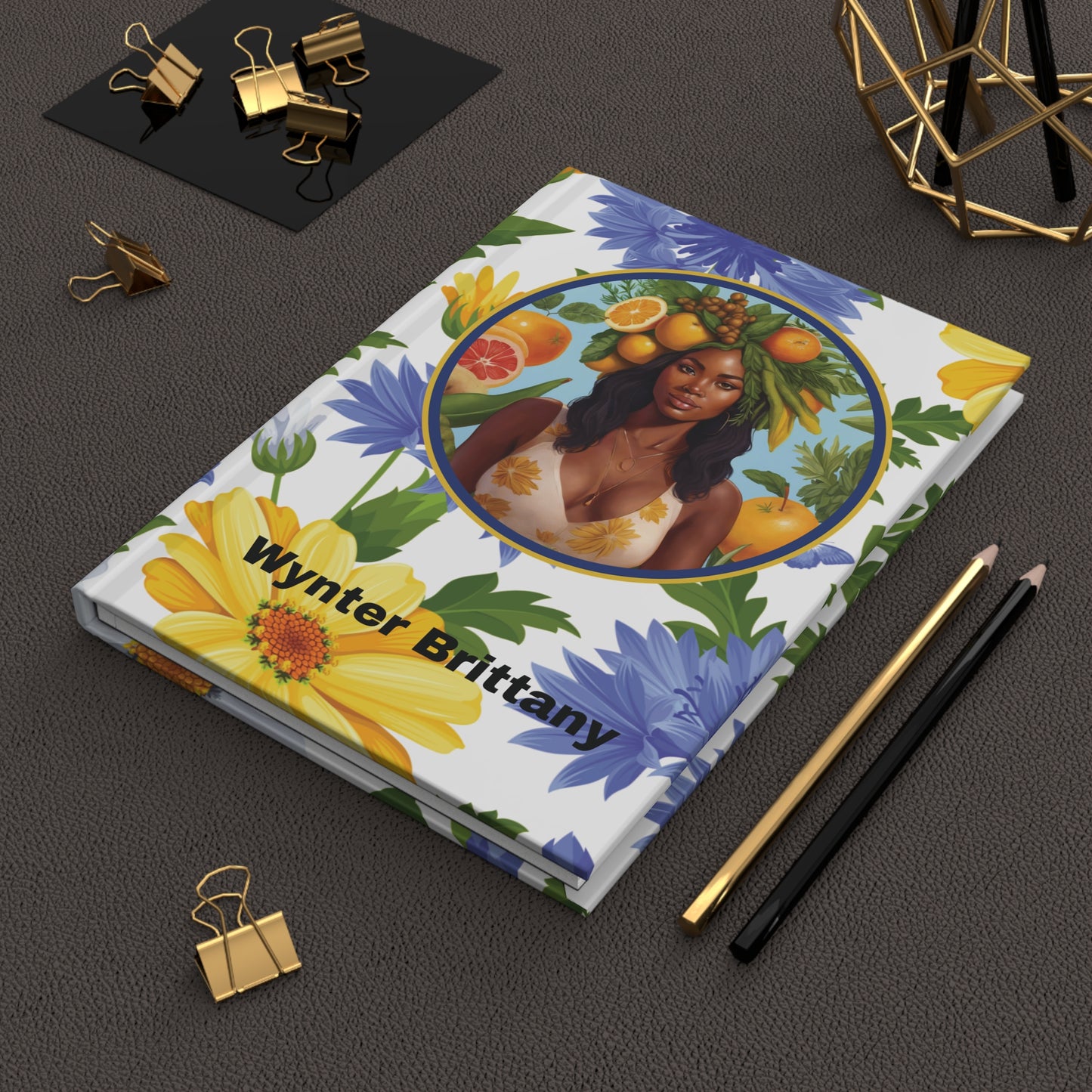 Organically Me Blue & Yellow Daisy Plant, Garden & Vegan Hardcover Journal, Able to be Personalized, 150 pages, Black women