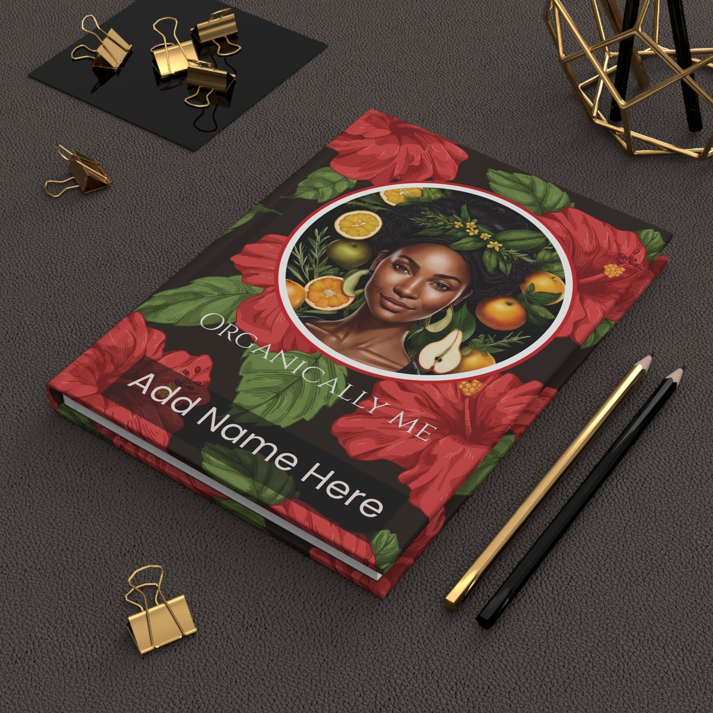 Organically Me Red & White Hibiscus Plant, Garden & Vegan Hardcover Journal, Matte 150 pages, Black women, May be PERSONALIZED