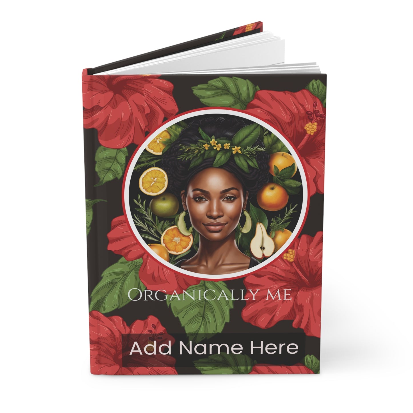Organically Me Red & White Hibiscus Plant, Garden & Vegan Hardcover Journal, Matte 150 pages, Black women, May be PERSONALIZED
