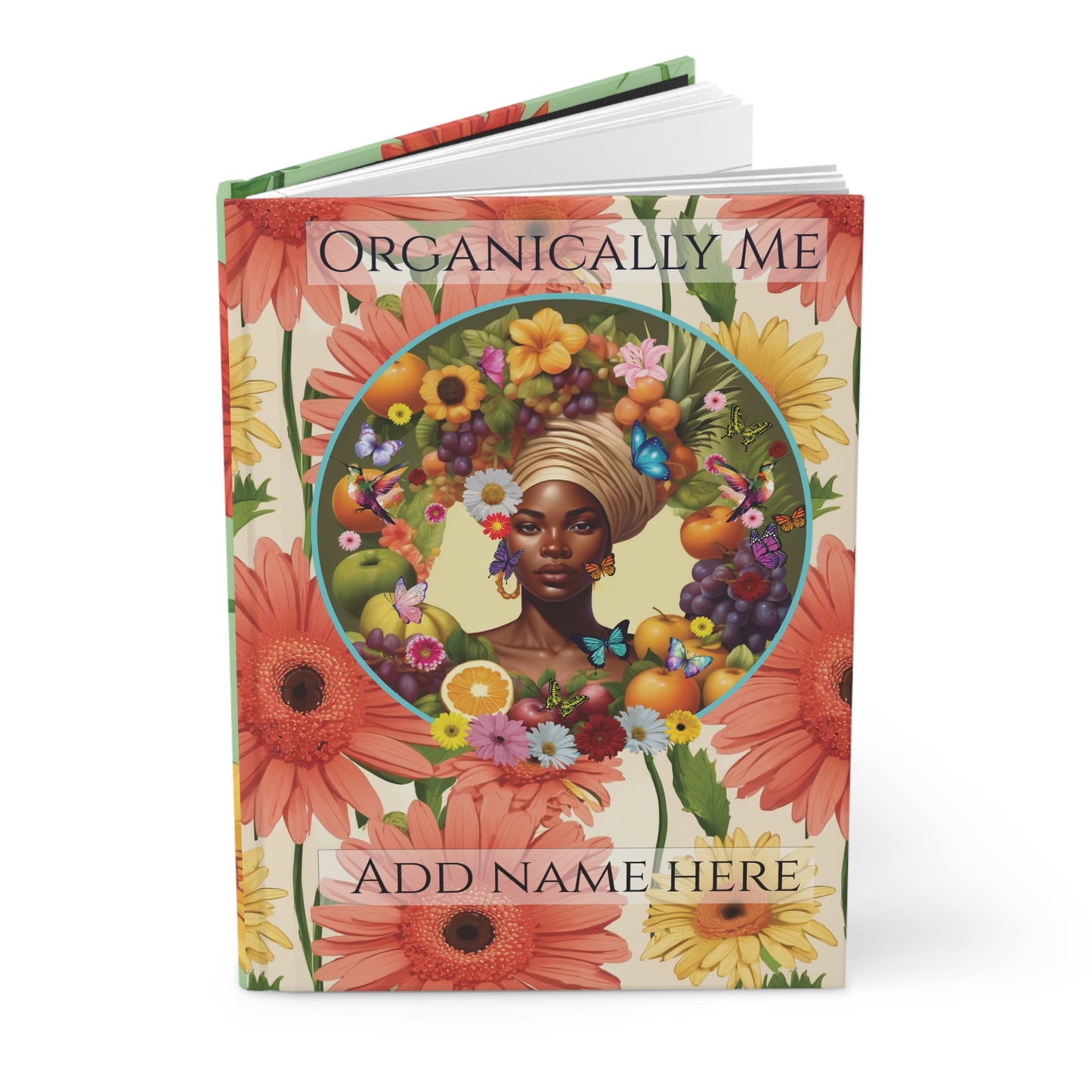 100% Organic Daisy Joy3 Plant Garden & Vegan Hardcover Journal, Black Woman Matte 150 pages Double Sided, May be PERSONALIZED