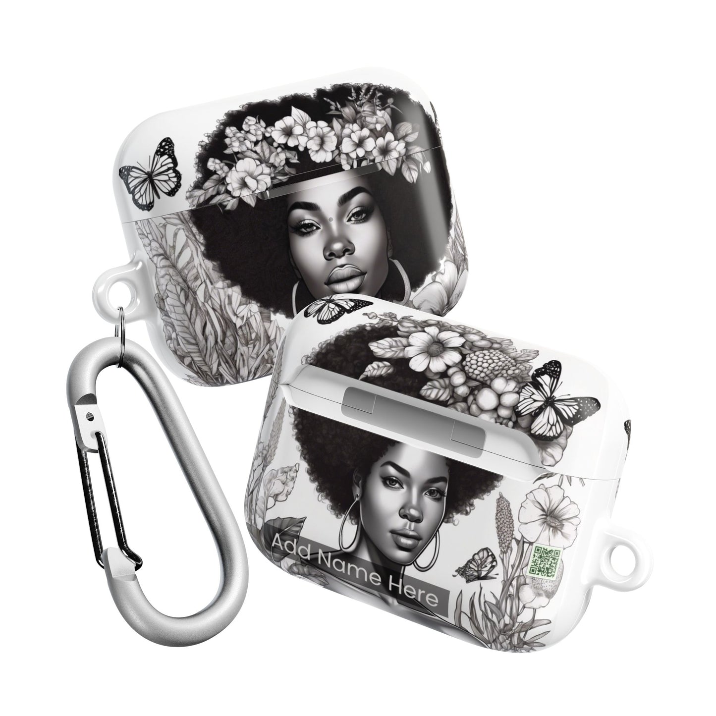 AirPods Case: Afro Queen Black & White Floral Garden Design with Butterflies, Plants & Black Woman for AirPods Pro Gen 1 & 2, AirPods Gen 1, Gen 2, Gen 3