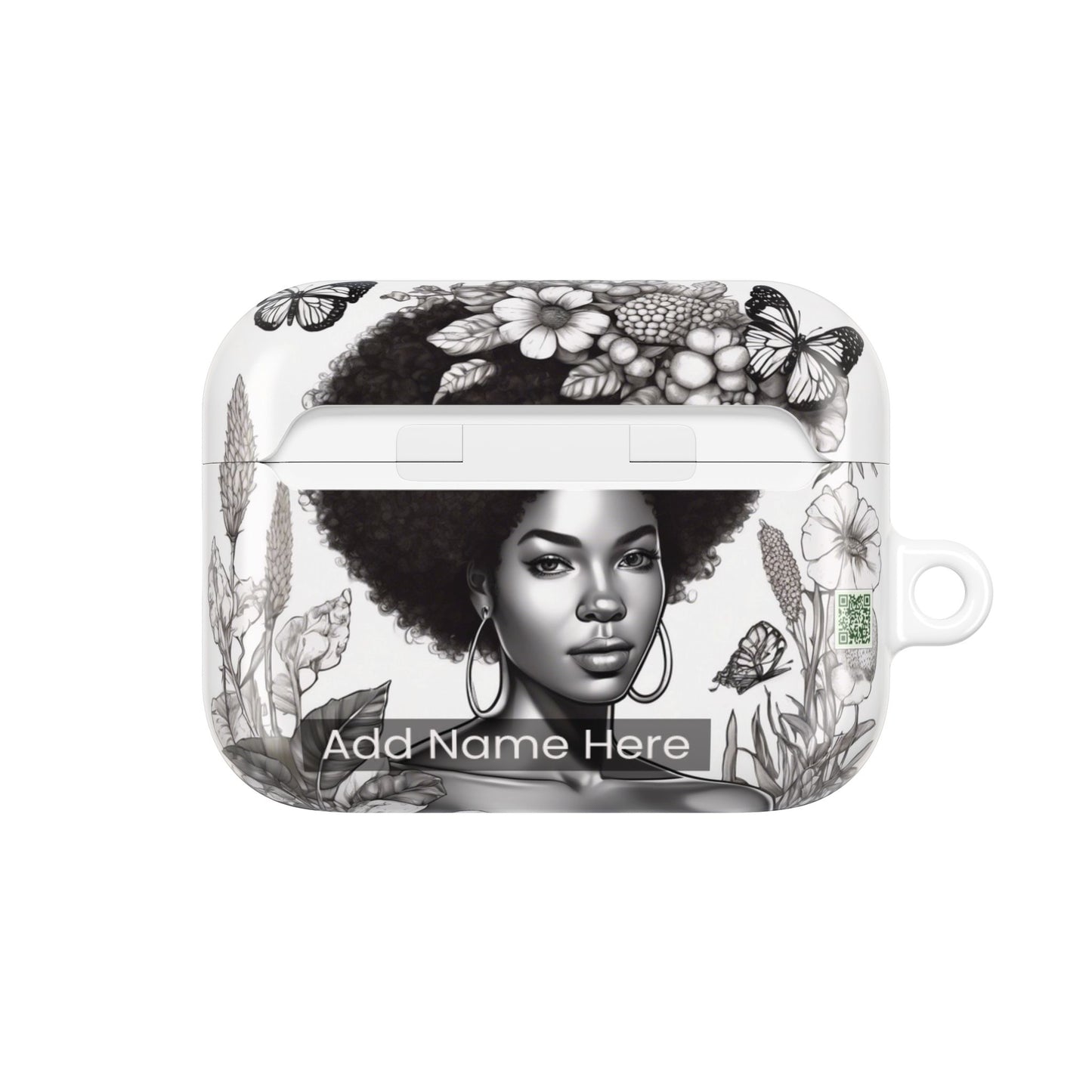 AirPods Case: Afro Queen Black & White Floral Garden Design with Butterflies, Plants & Black Woman for AirPods Pro Gen 1 & 2, AirPods Gen 1, Gen 2, Gen 3