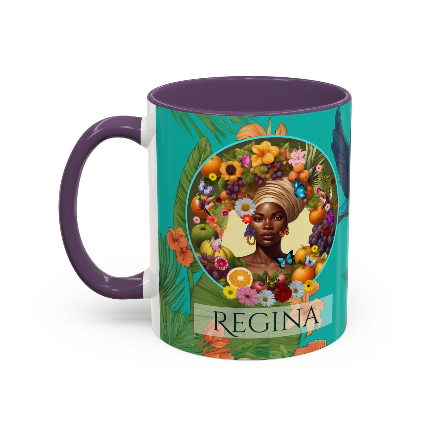 Organically Me A Caribbean Regina Hibiscus Plant, Garden Vegan Ceramic PERSONALIZABLE Mug with Black woman (11oz) 8 Color Combos