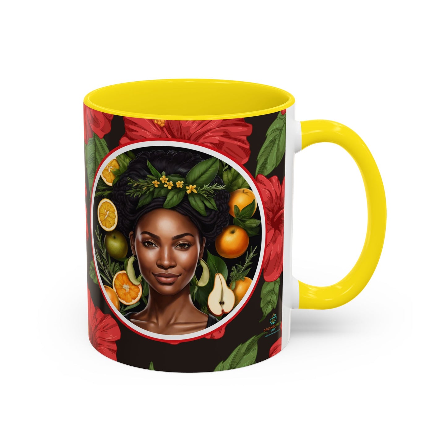 Organically Me Red and White Hibiscus Plant Garden Vegan Ceramic Plant Mug with Black woman (11oz) 8 Color Combos