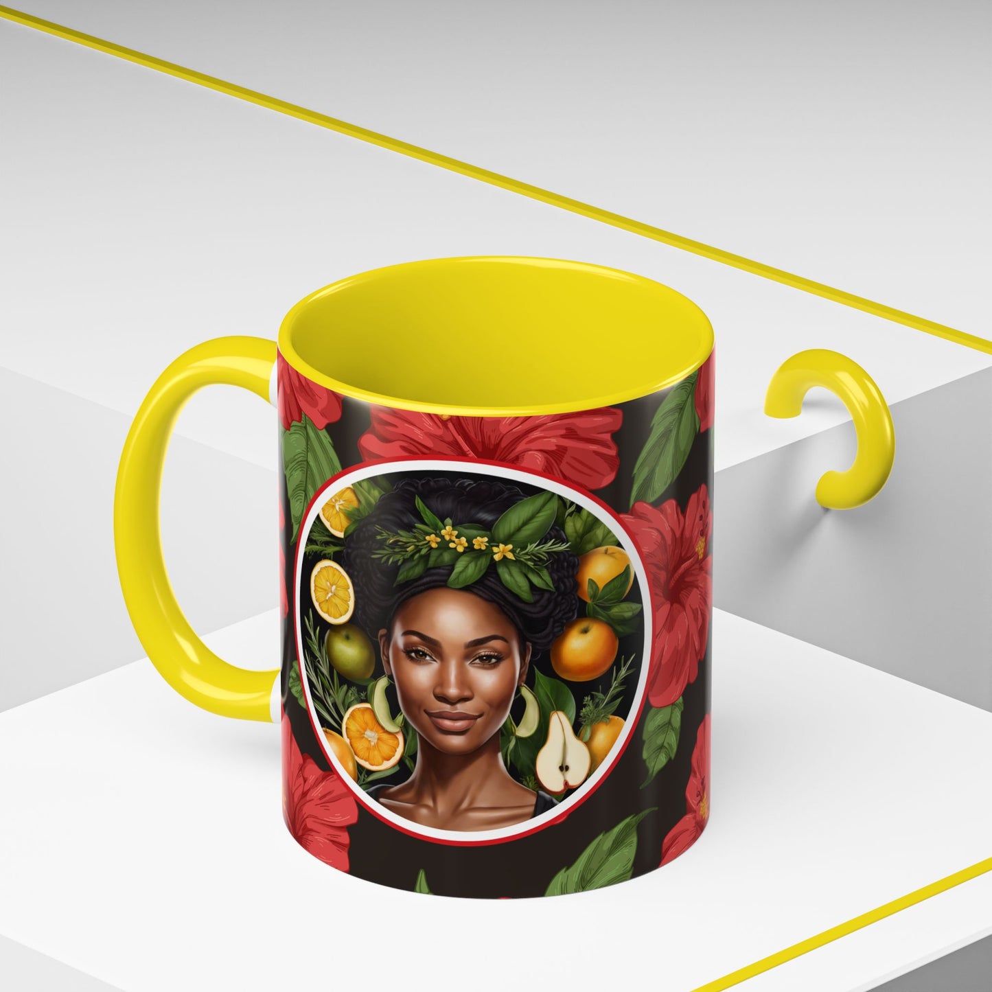 Organically Me Red and White Hibiscus Plant Garden Vegan Ceramic Plant Mug with Black woman (11oz) 8 Color Combos