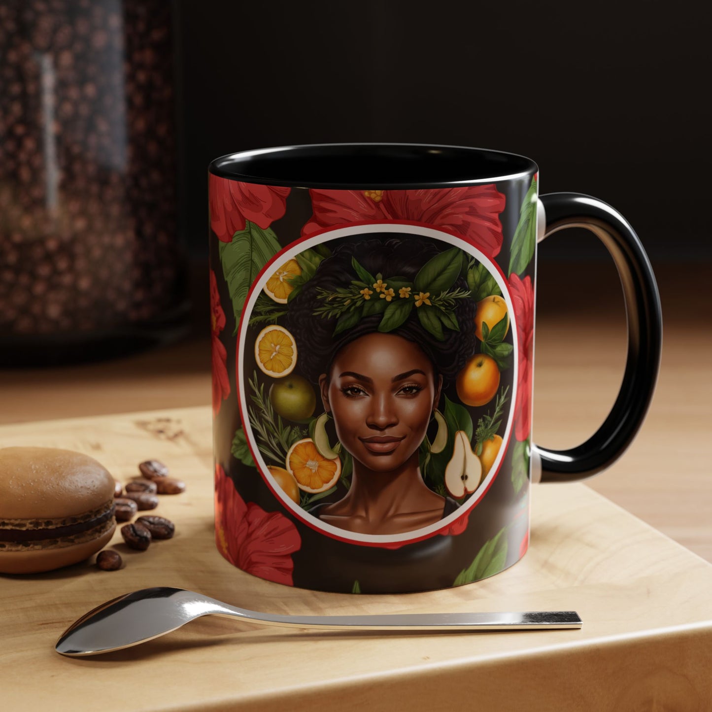 Organically Me Red and White Hibiscus Plant Garden Vegan Ceramic Plant Mug with Black woman (11oz) 8 Color Combos