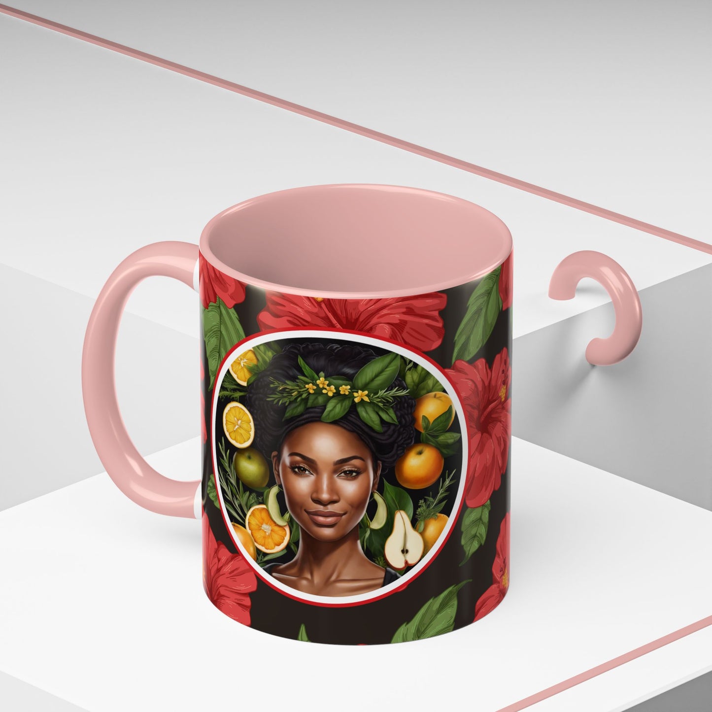Organically Me Red and White Hibiscus Plant Garden Vegan Ceramic Plant Mug with Black woman (11oz) 8 Color Combos