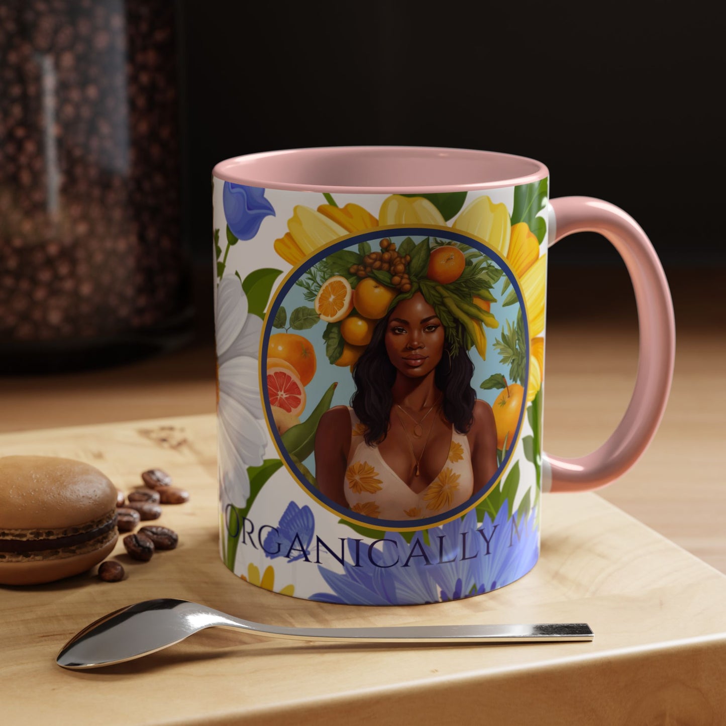 Organically Me Blue & Yellow Daisy Joyce Plant Garden Vegan Ceramic Plant Mug with Black woman (11oz) 8 Color Combos