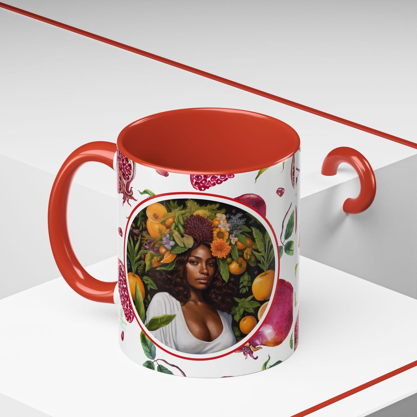 Organically Me Red and White Regina Pomegranate Plant Garden Vegan Ceramic Plant Mug with Black woman (11oz) 8 Color Combos