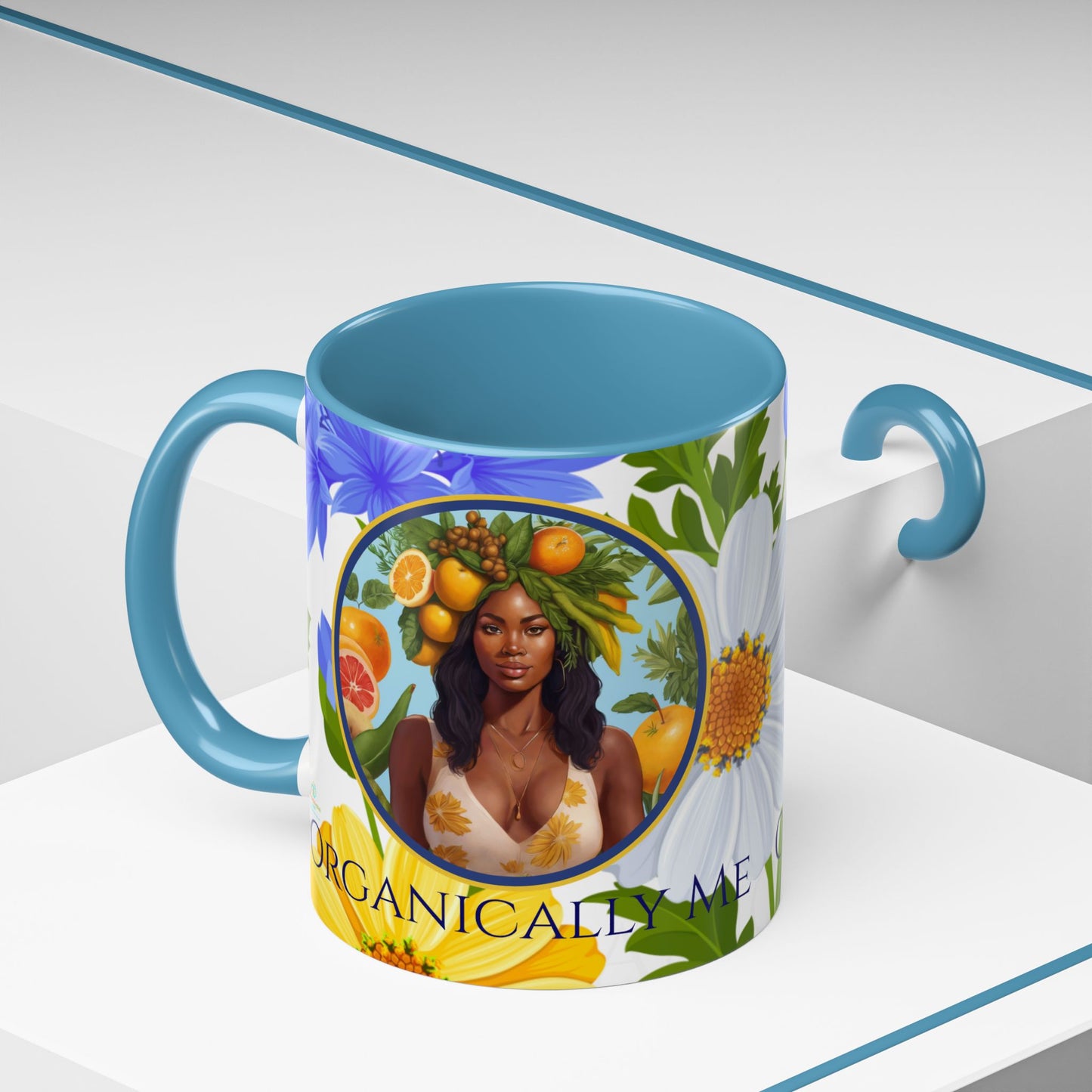 Organically Me Blue & Yellow Daisy Joyce Plant Garden Vegan Ceramic Plant Mug with Black woman (11oz) 8 Color Combos