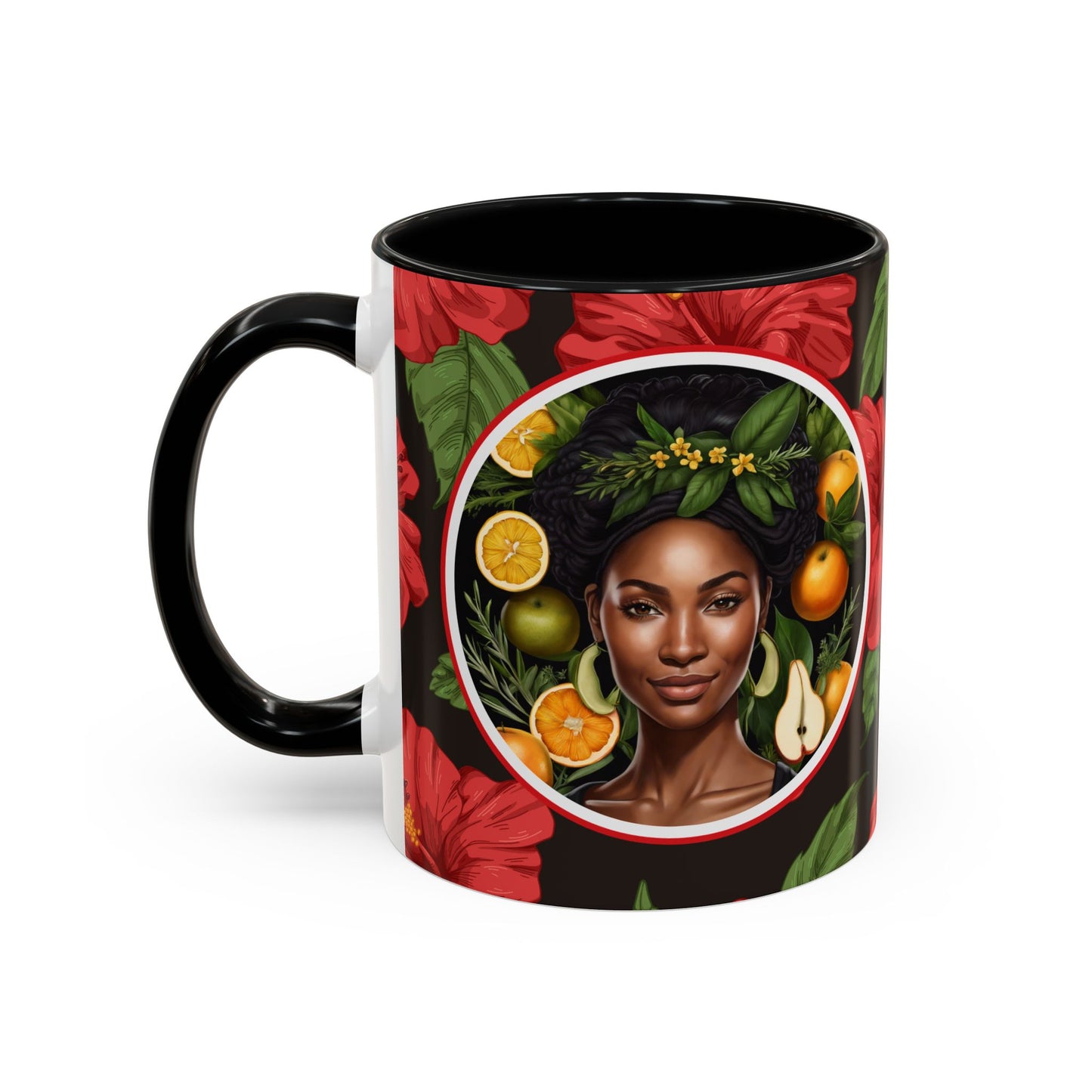 Organically Me Red and White Hibiscus Plant Garden Vegan Ceramic Plant Mug with Black woman (11oz) 8 Color Combos