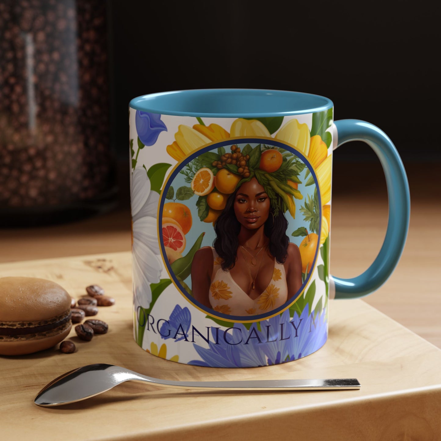 Organically Me Blue & Yellow Daisy Joyce Plant Garden Vegan Ceramic Plant Mug with Black woman (11oz) 8 Color Combos