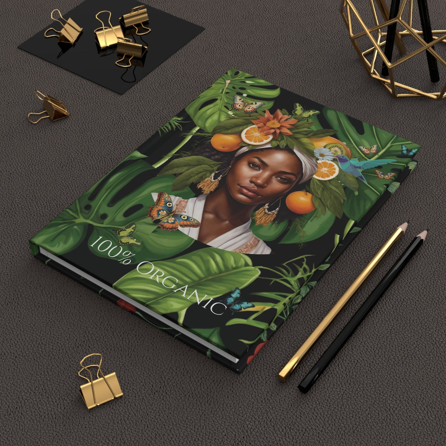 100% Organic Black Jungle Plant Garden & Vegan Hardcover Journal, Matte 150 pages, Black women Double-Sided Design