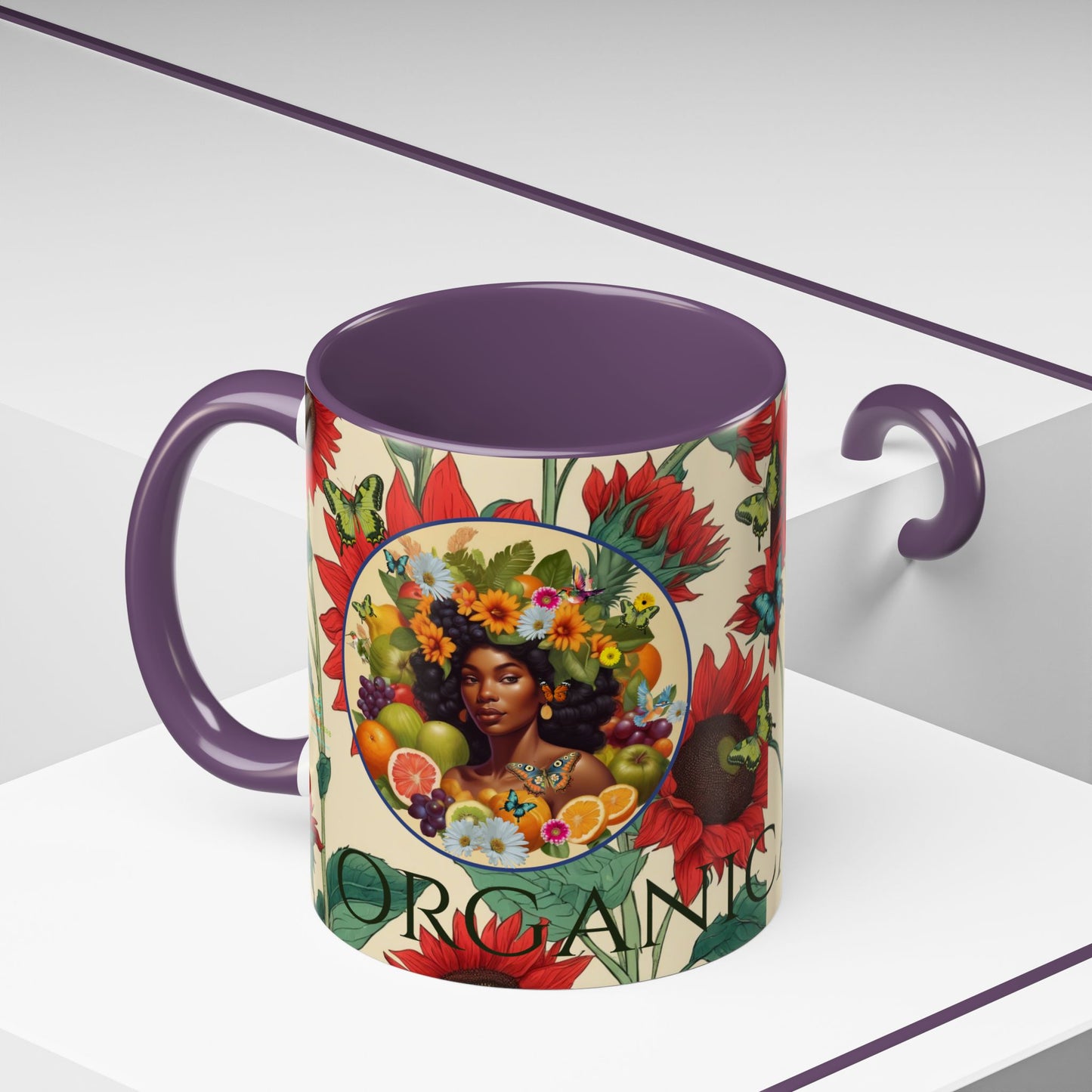 Organically Me Sunflower Red Plant Garden Vegan Ceramic Plant Mug with Black woman (11oz) 8 Color Combos