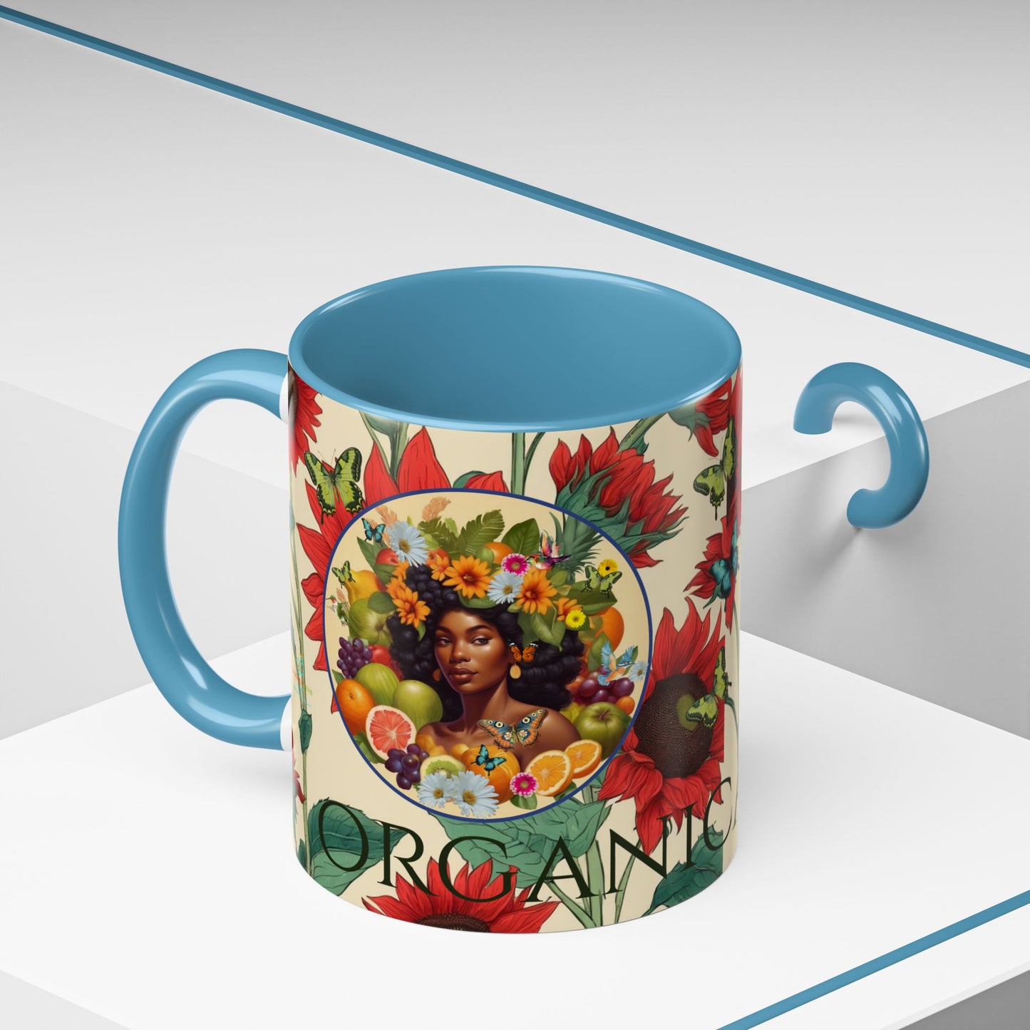 Organically Me Sunflower Red Plant Garden Vegan Ceramic Plant Mug with Black woman (11oz) 8 Color Combos