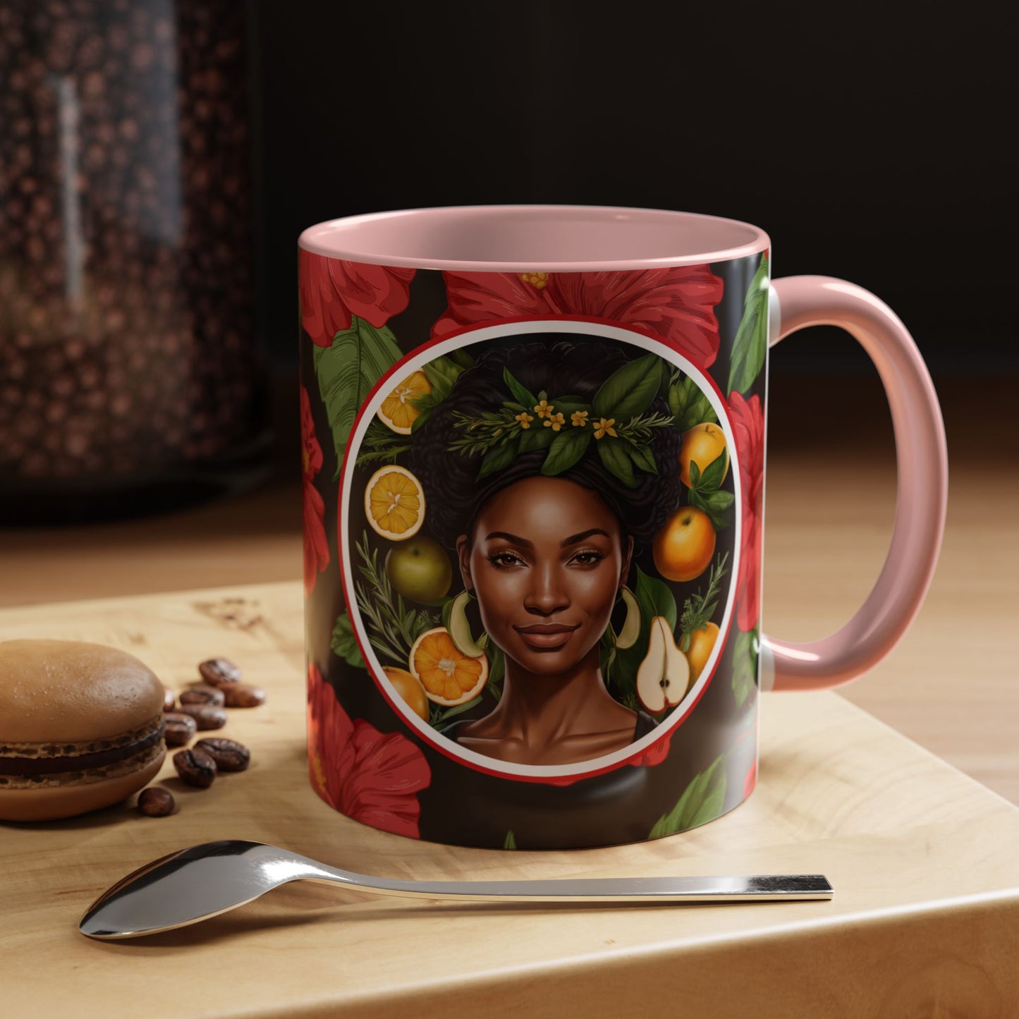Organically Me Red and White Hibiscus Plant Garden Vegan Ceramic Plant Mug with Black woman (11oz) 8 Color Combos