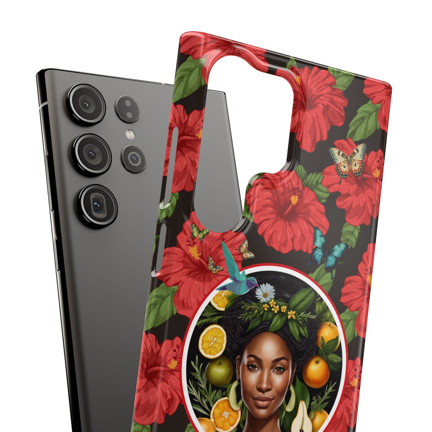 Organically Me Red and White Hibiscus Plant Garden Snap Phone Case with Black Woman, for iPhone and Android