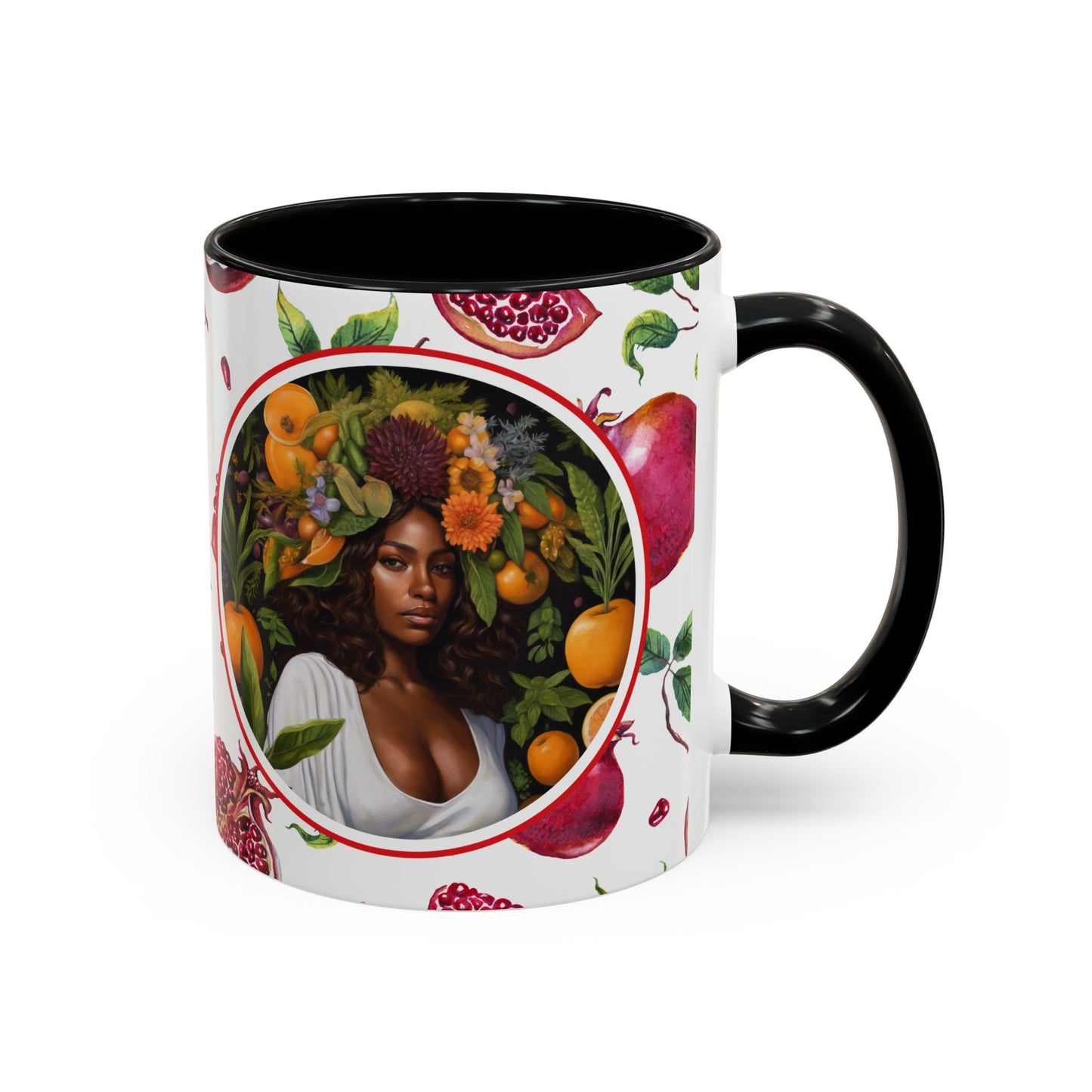 Organically Me Red and White Regina Pomegranate Plant Garden Vegan Ceramic Plant Mug with Black woman (11oz) 8 Color Combos