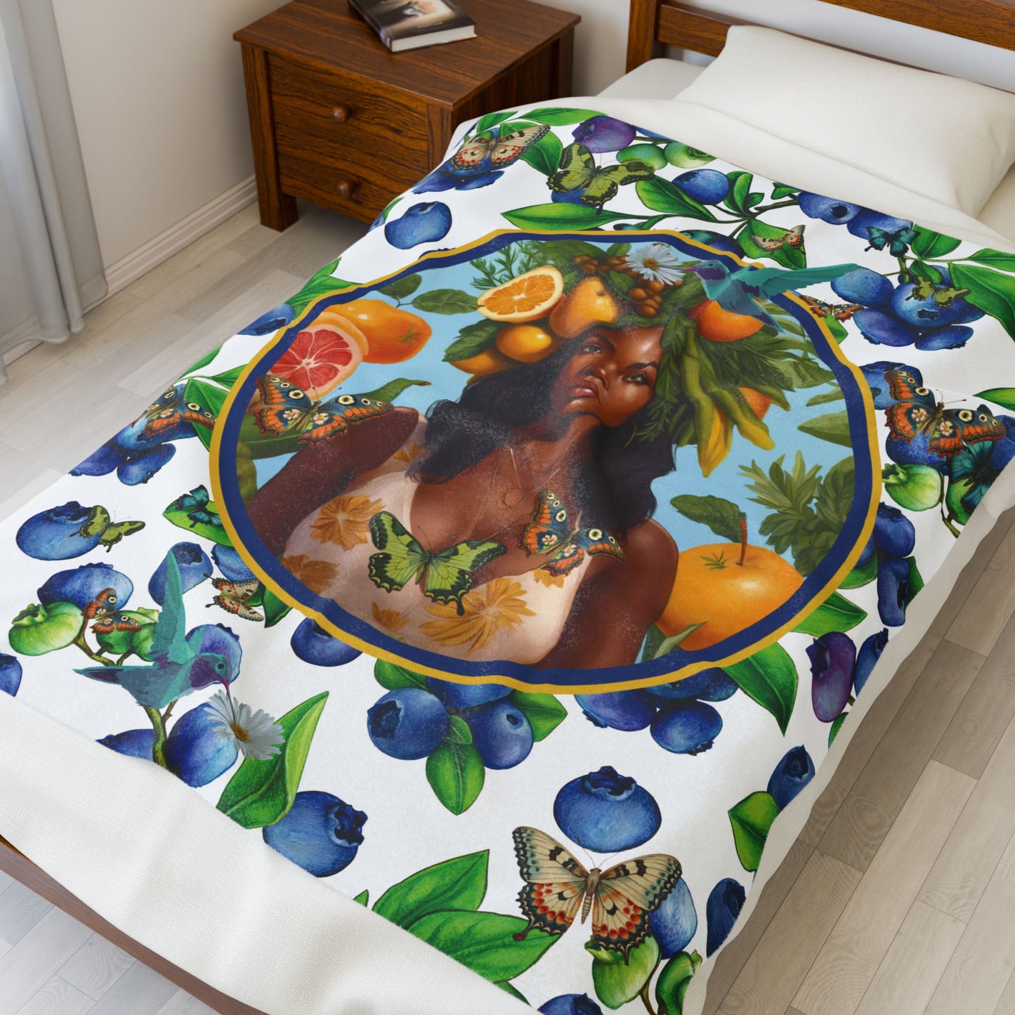 Organically Me Blueberry Plant B Garden Blanket, Wall Hanging, Tablecloth (Velveteen) with Black Woman; 50 x 60in
