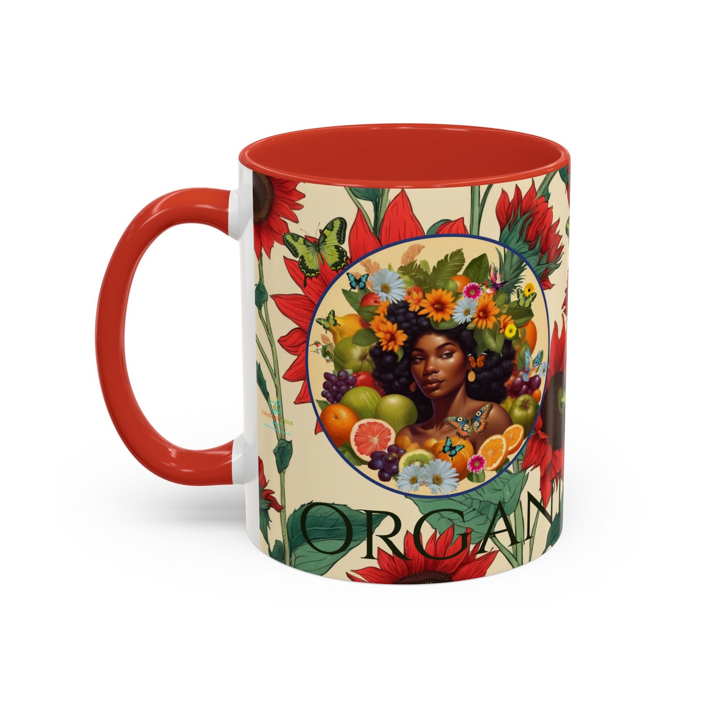 Organically Me Sunflower Red Plant Garden Vegan Ceramic Plant Mug with Black woman (11oz) 8 Color Combos