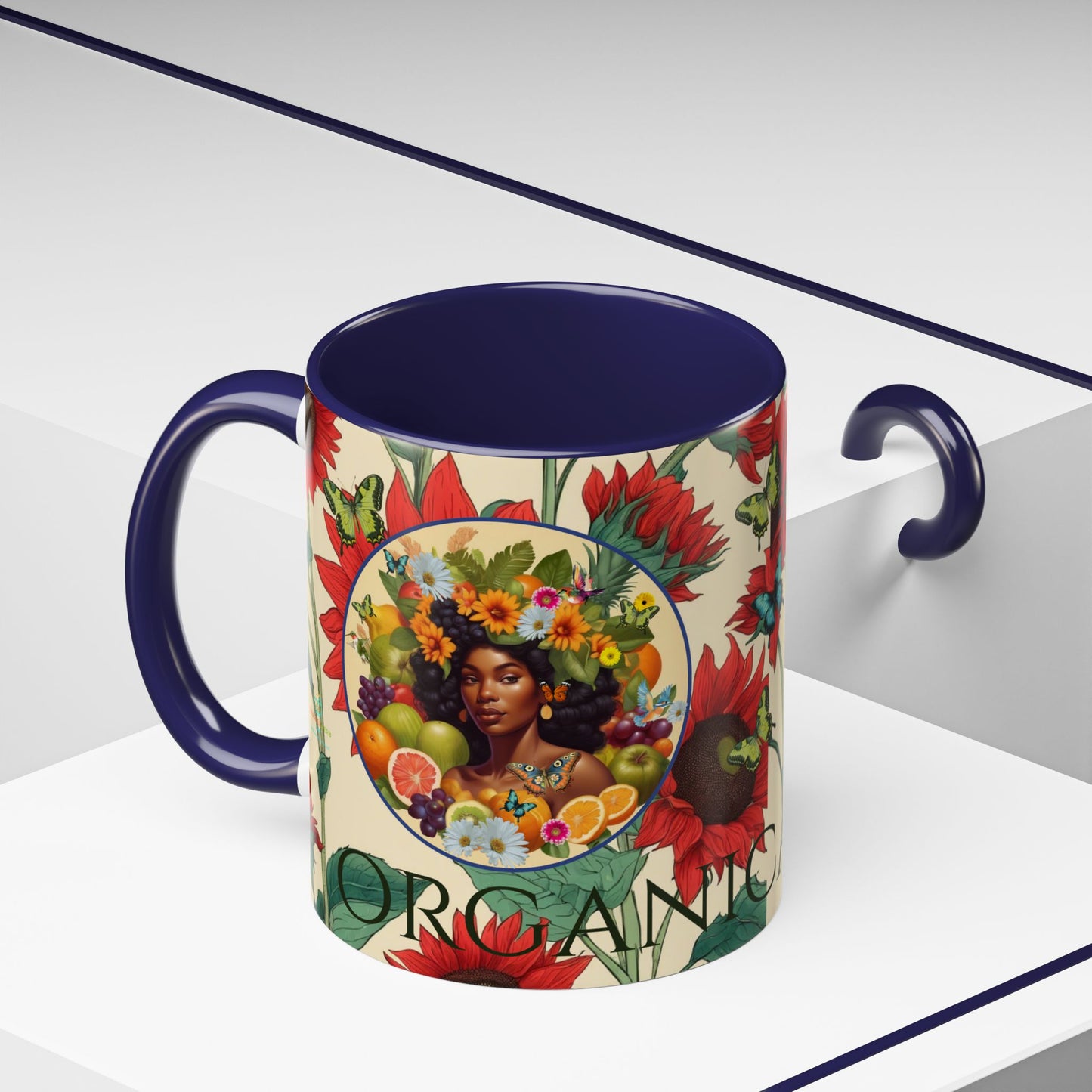Organically Me Sunflower Red Plant Garden Vegan Ceramic Plant Mug with Black woman (11oz) 8 Color Combos