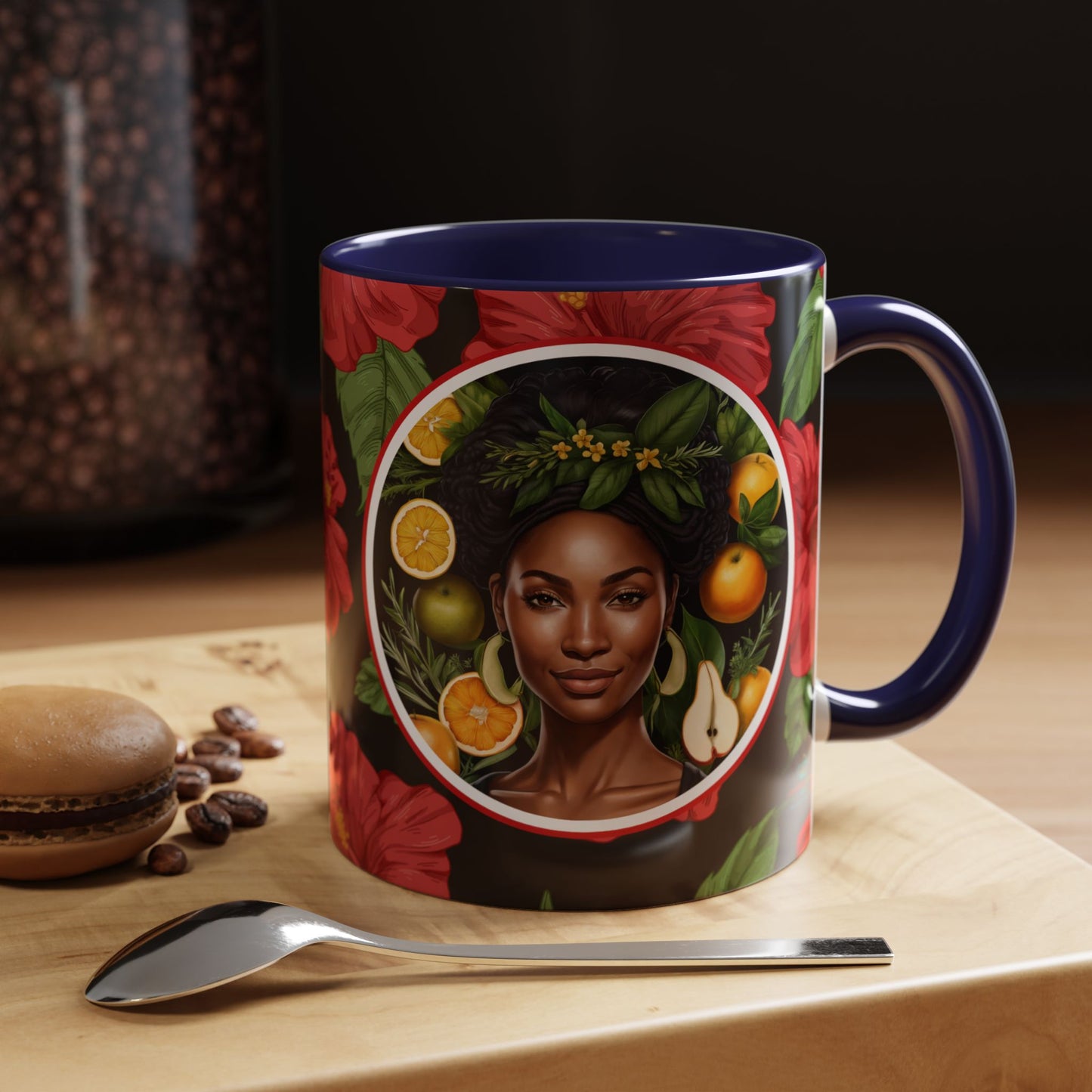 Organically Me Red and White Hibiscus Plant Garden Vegan Ceramic Plant Mug with Black woman (11oz) 8 Color Combos