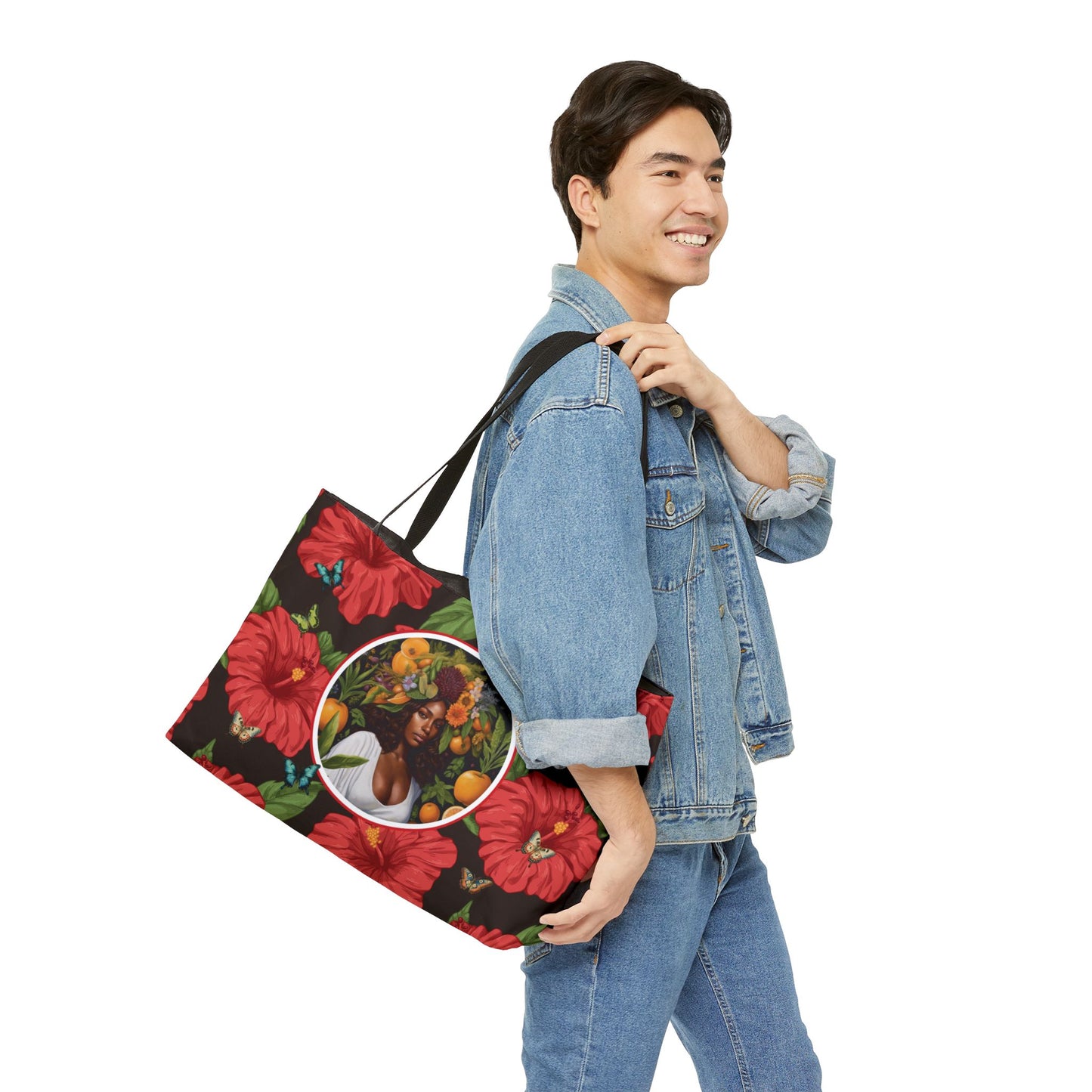 Organically Me Red & White Hibiscus Plant Garden-themed Weekender Tote Bag, workout bag, yoga bag with Black Women
