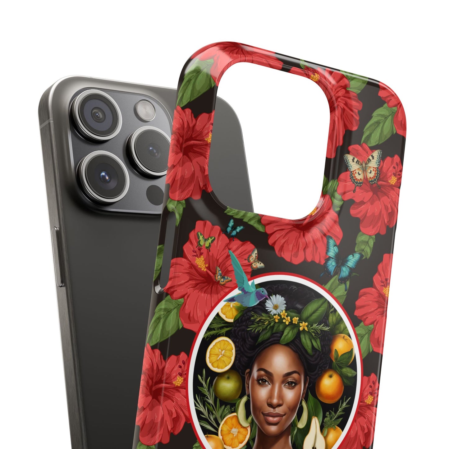 Organically Me Red and White Hibiscus Plant Garden Snap Phone Case with Black Woman, for iPhone and Android