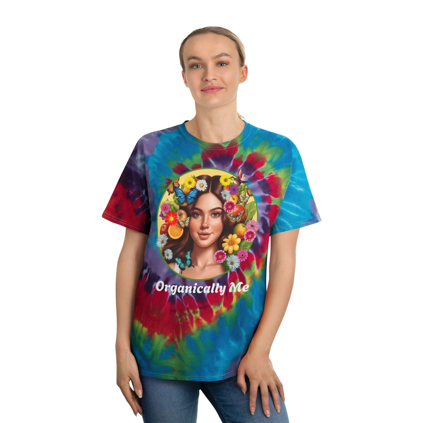 Spiral Tie-Dye Organically Me Tee Dark with Fruits, Veggies and flowers Design - Vibrant and Playful floral Shirt
