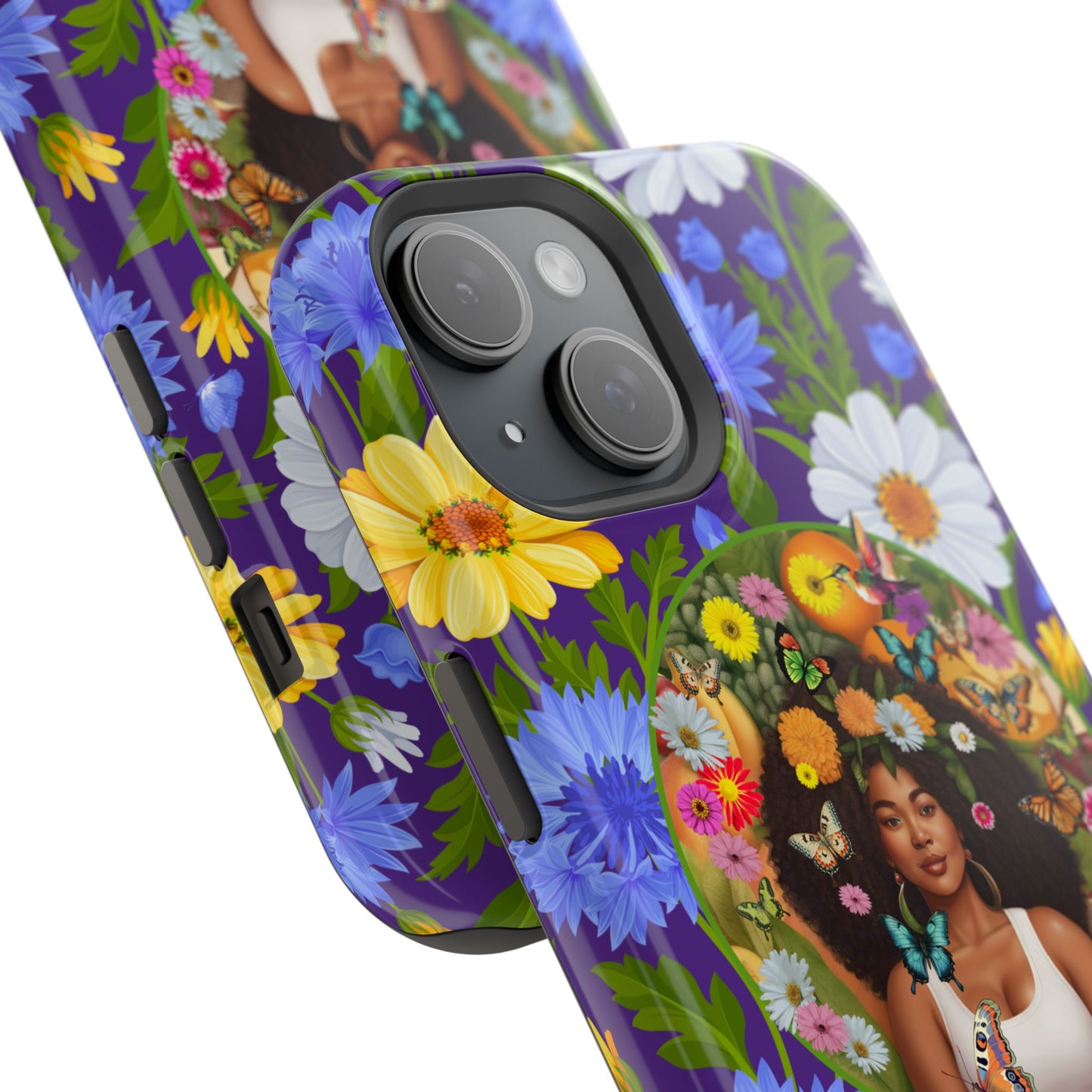 100% Organic Purple Plant Garden: Tough iPhone 15 Case with Eco Floral and Black Woman