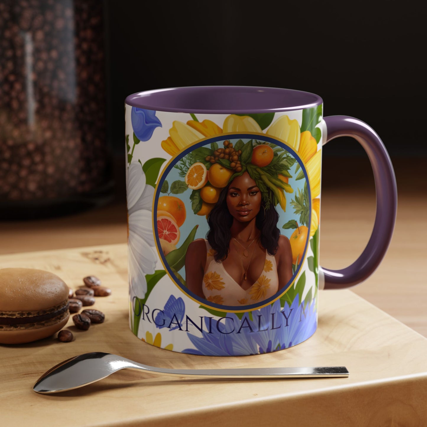 Organically Me Blue & Yellow Daisy Joyce Plant Garden Vegan Ceramic Plant Mug with Black woman (11oz) 8 Color Combos